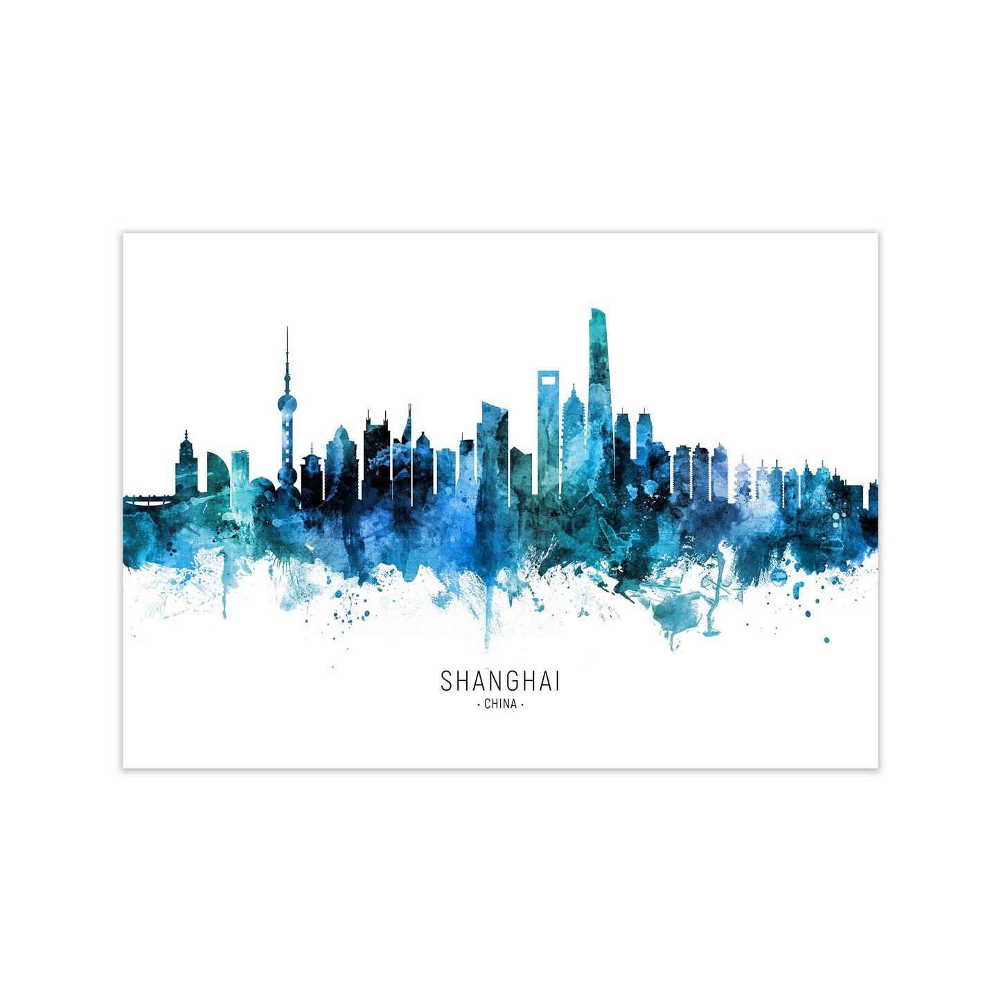 Shanghai China Skyline Blue City Name by Michael Tompsett Print Only