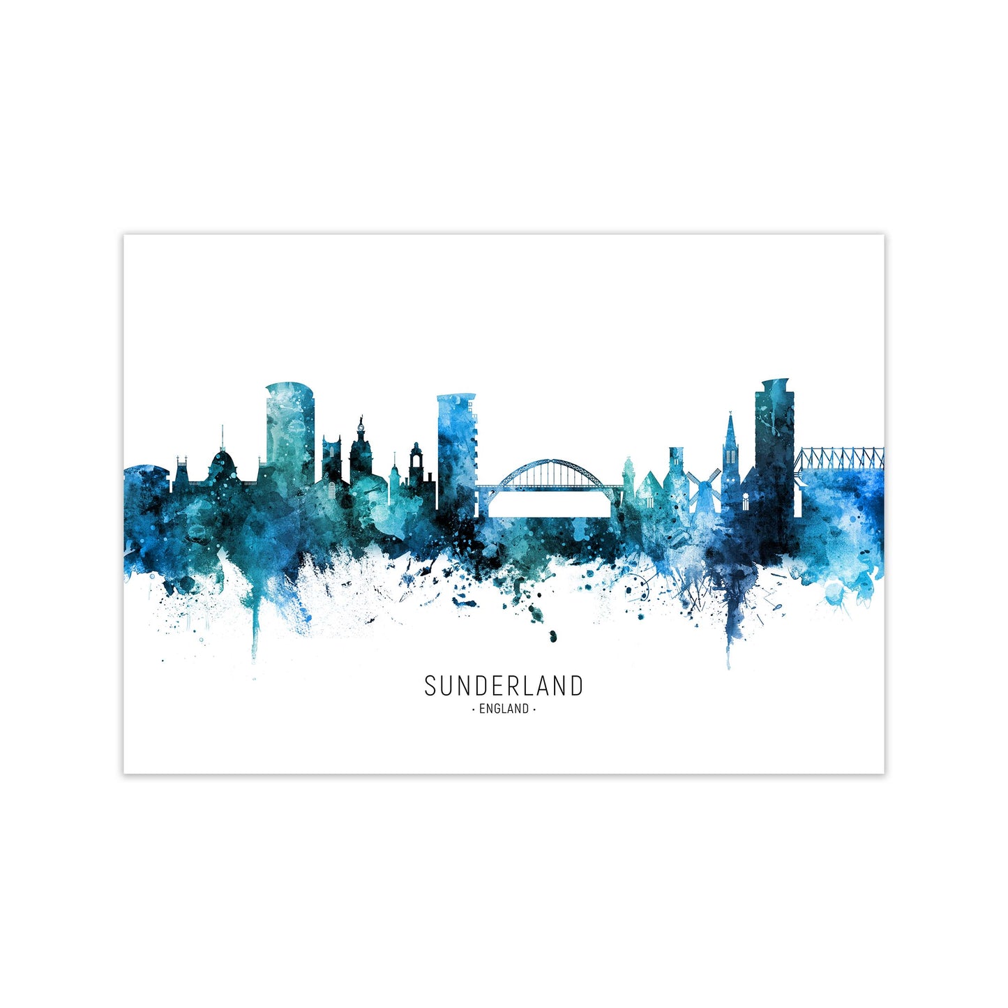 Sunderland England Skyline Blue City Name by Michael Tompsett Print Only