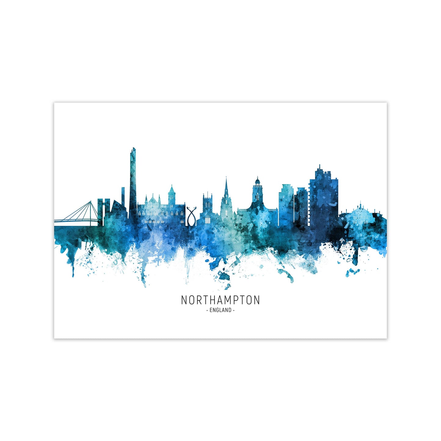 Northampton England Skyline Blue City Name  by Michael Tompsett Print Only