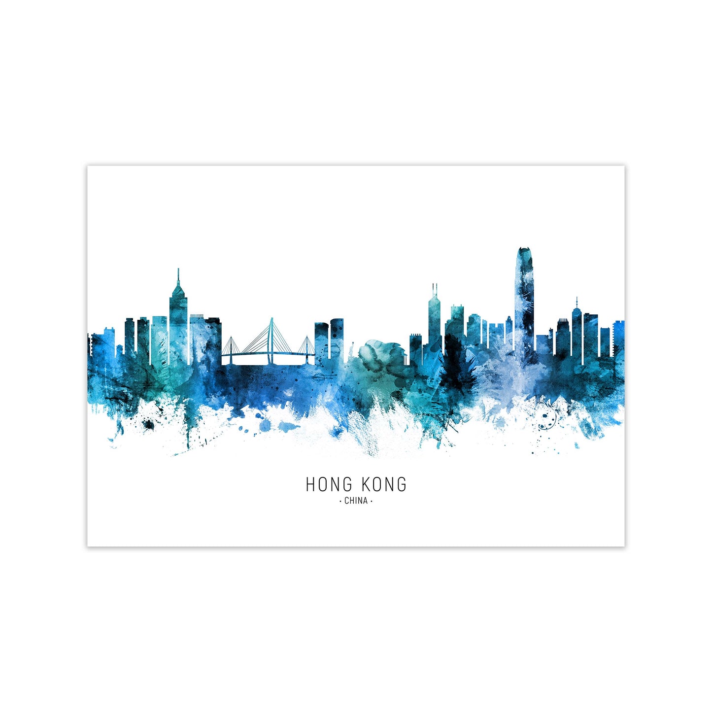 Hong Kong China Skyline Blue City Name by Michael Tompsett Print Only