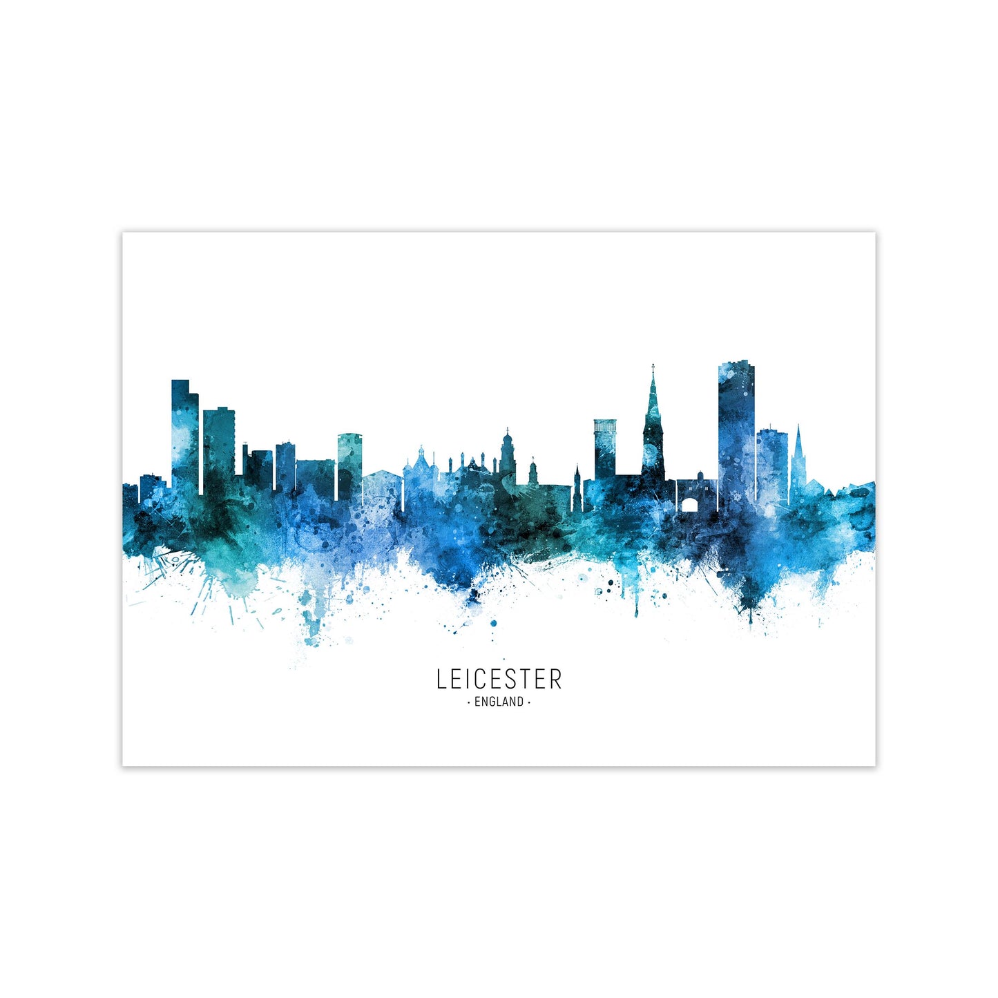 Leicester England Skyline Blue City Name  by Michael Tompsett Print Only