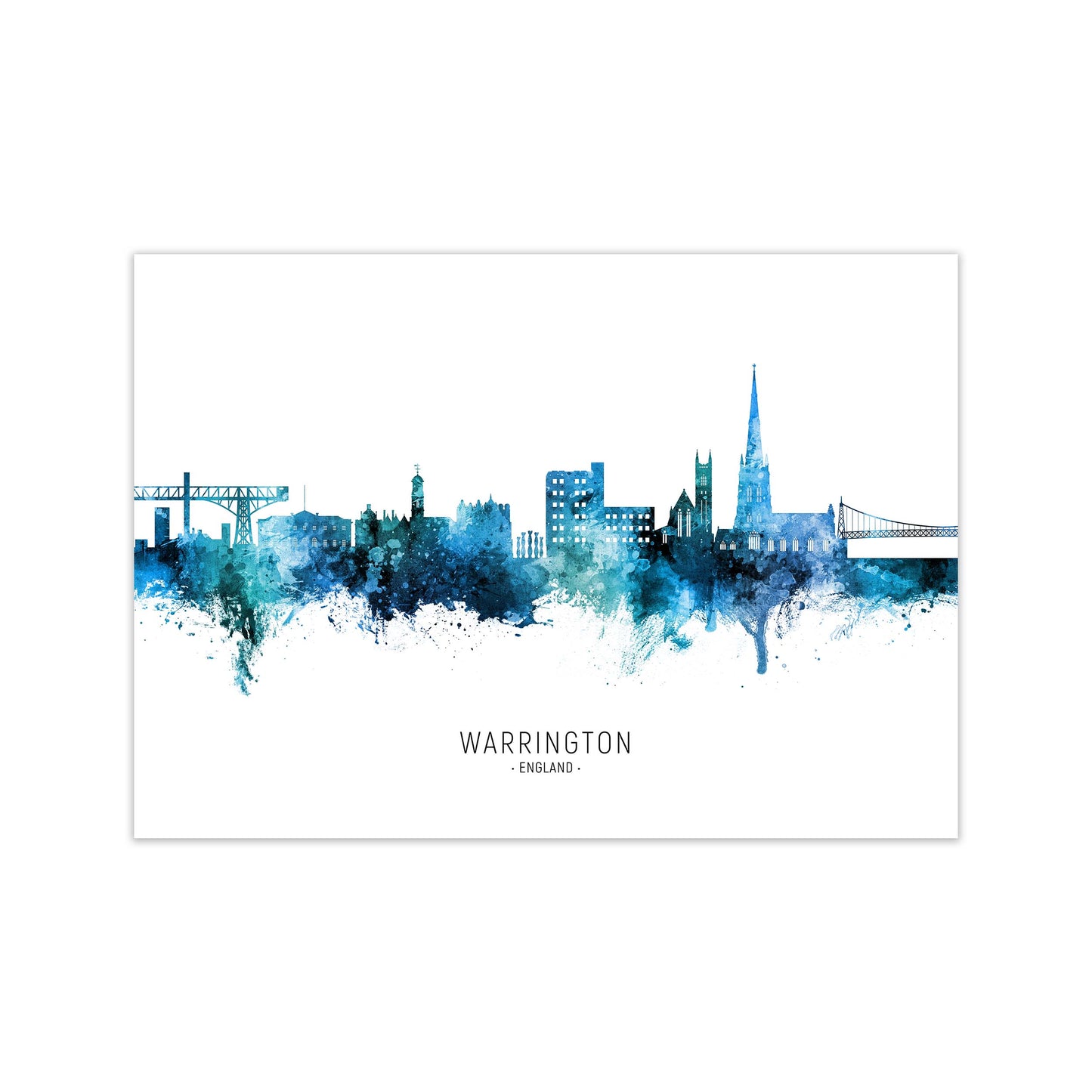 Warrington England Skyline Blue City Name  by Michael Tompsett Print Only