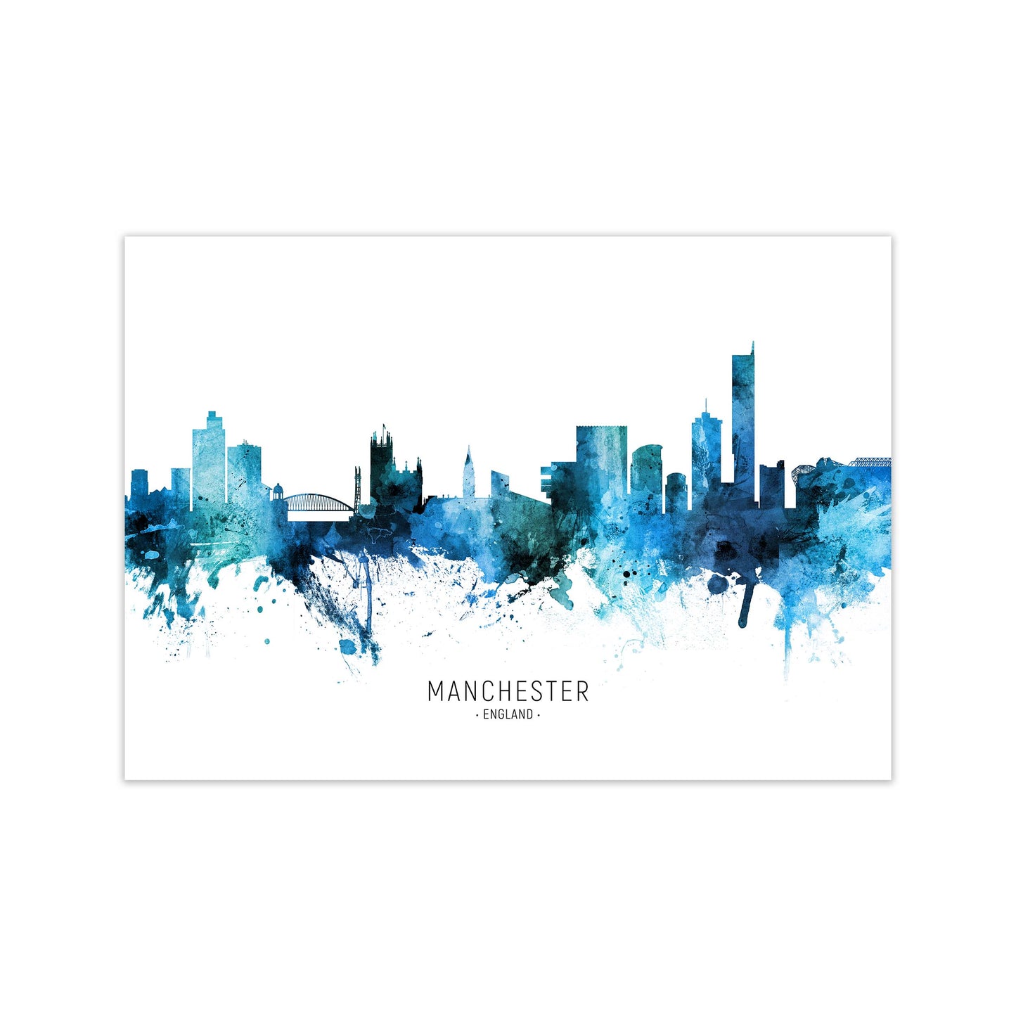 Manchester England Skyline Blue City Name by Michael Tompsett Print Only