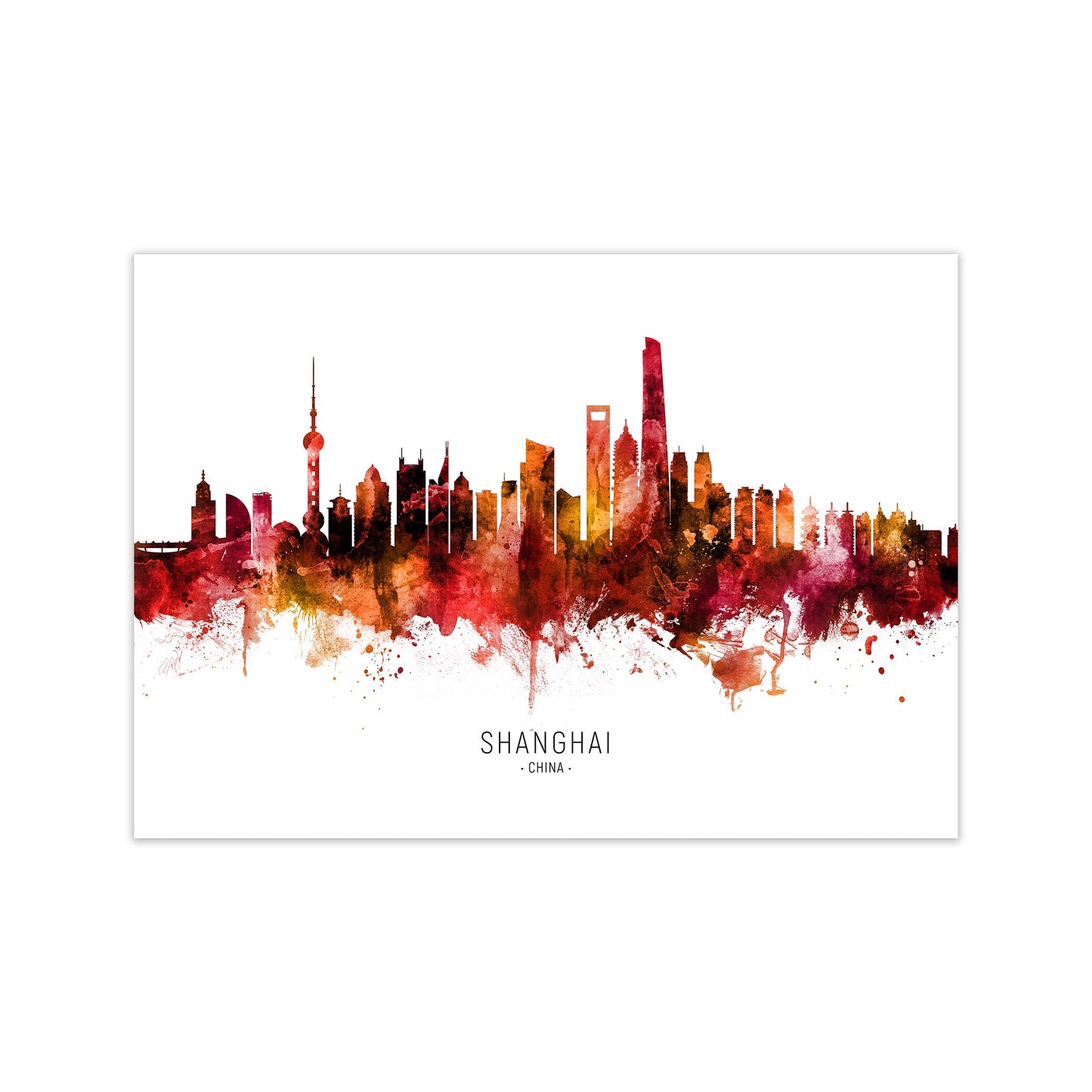 Shanghai China Skyline Red City Name by Michael Tompsett Print Only