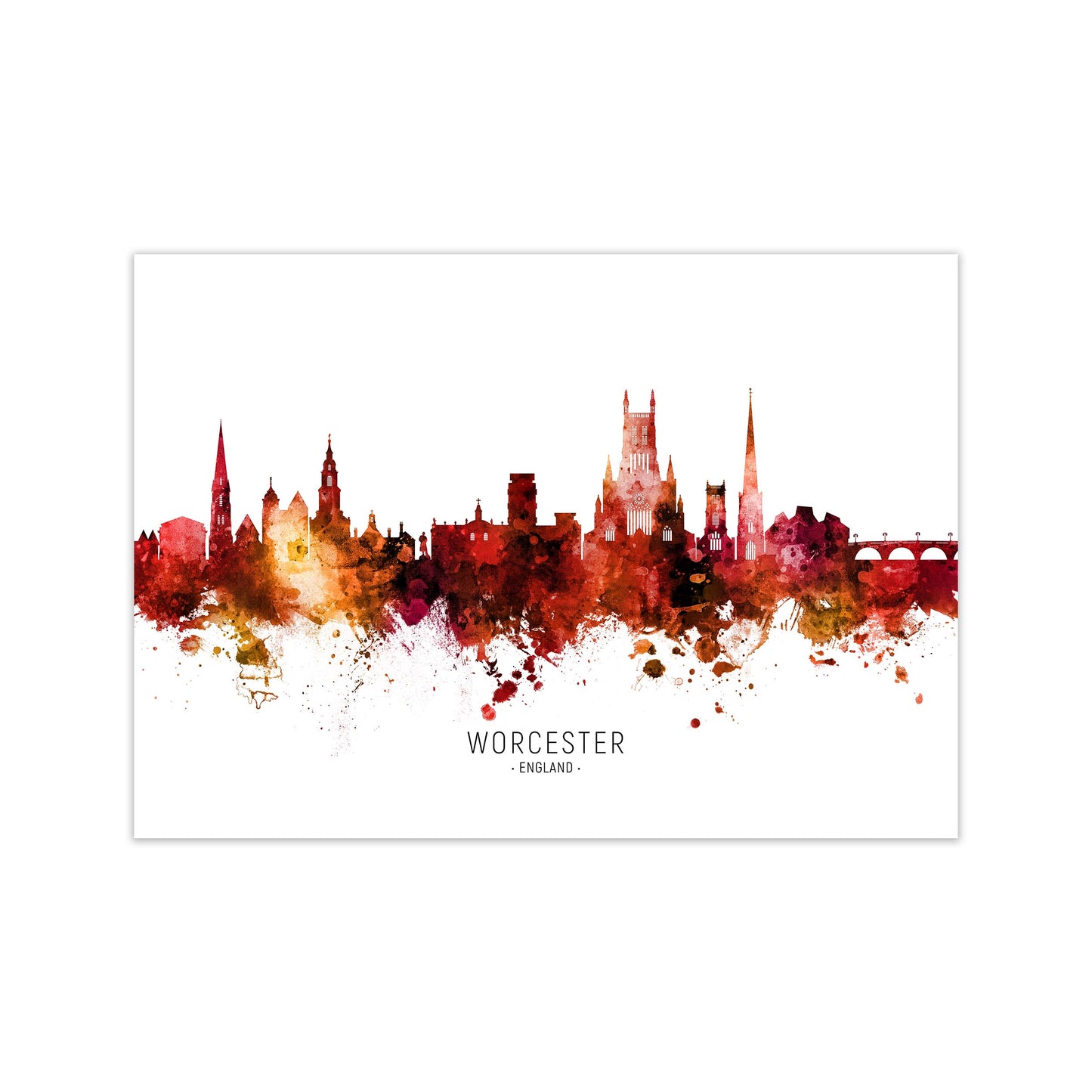 Worcester England Skyline Red City Name by Michael Tompsett Print Only