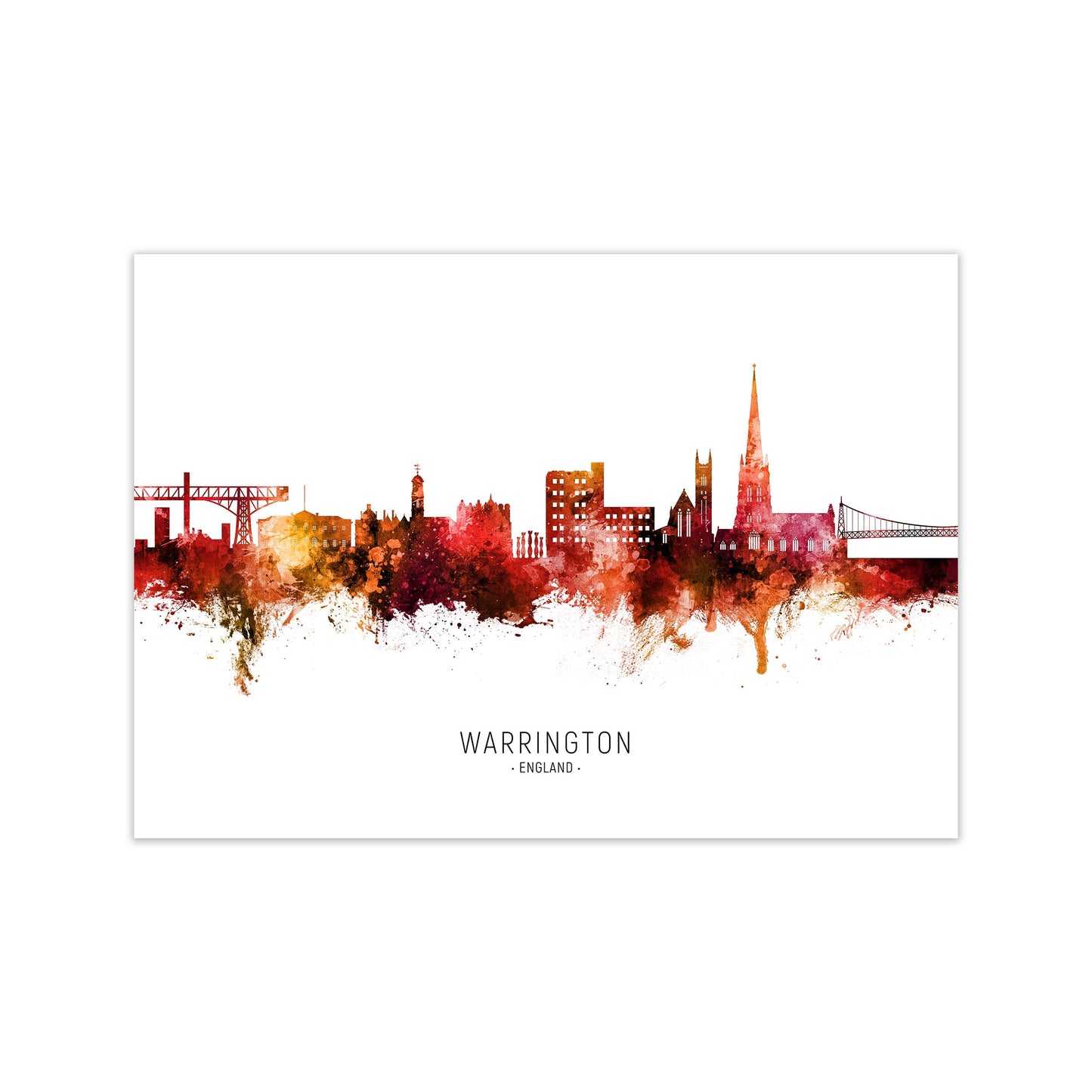 Warrington England Skyline Red City Name  by Michael Tompsett Print Only
