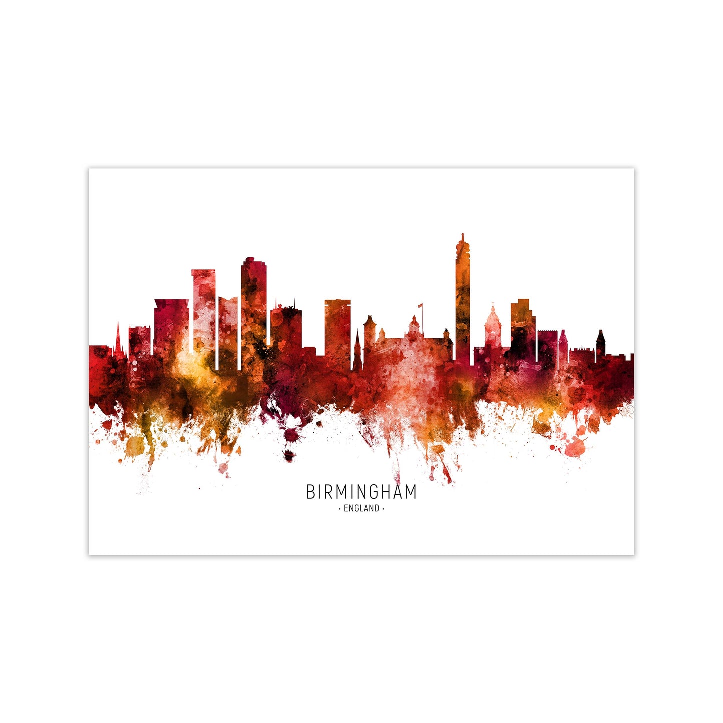 Birmingham England Skyline Red City Name  by Michael Tompsett Print Only