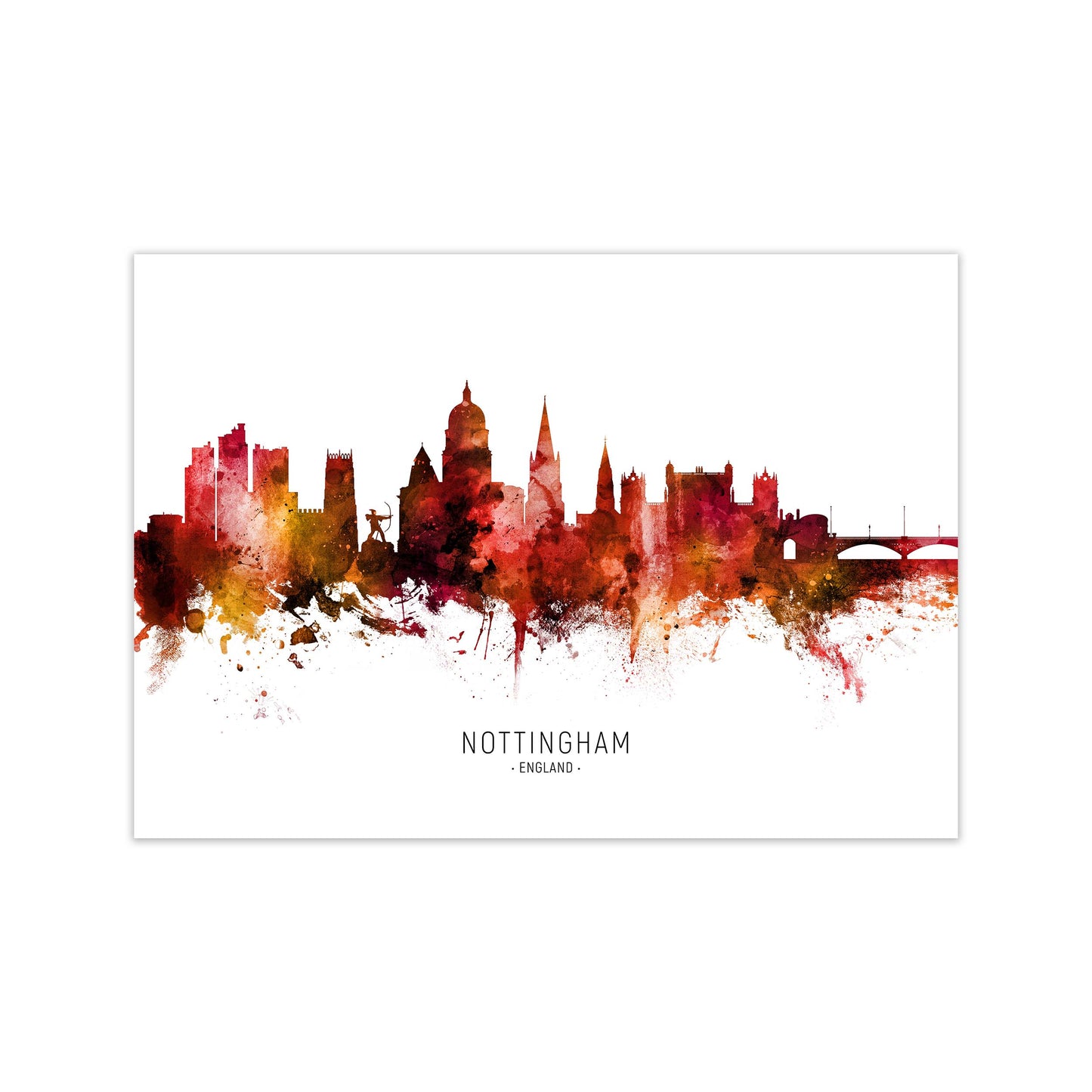 Nottingham England Skyline Red City Name by Michael Tompsett Print Only