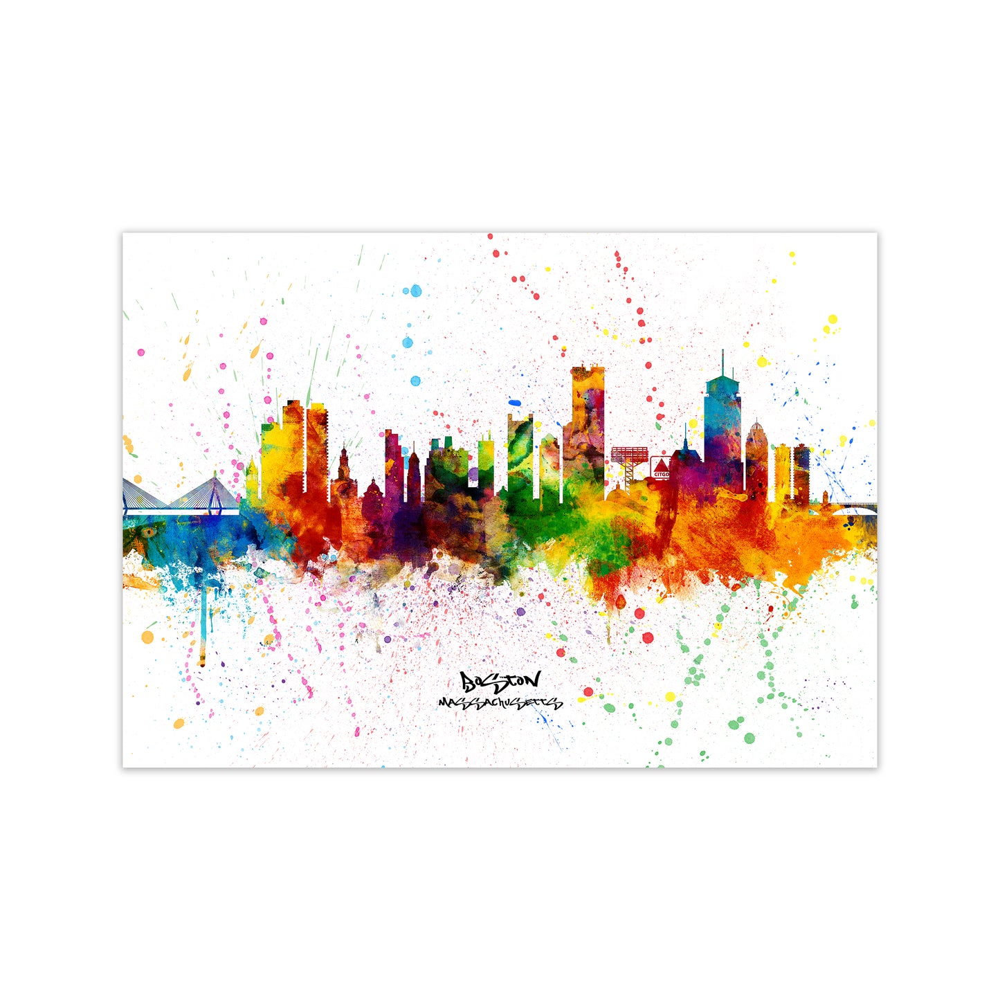 Boston Massachusetts Skyline Splash Art Print by Michael Tompsett Print Only
