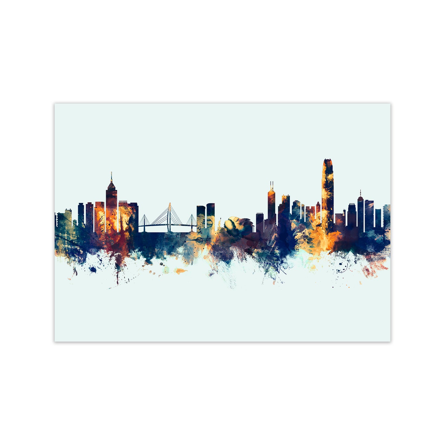Hong Kong China Skyline Blue Orange Art Print by Michael Tompsett Print Only