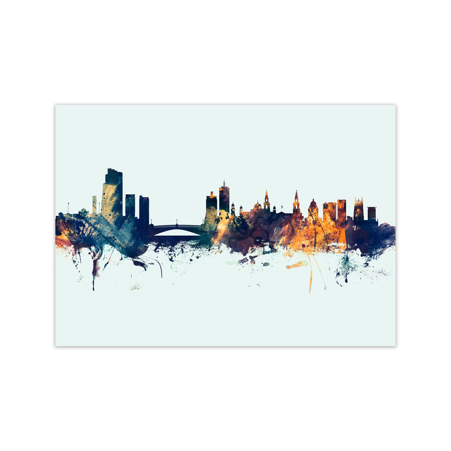 Leeds England Skyline Blue Orange Art Print by Michael Tompsett Print Only