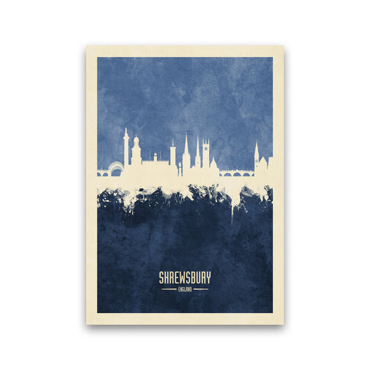 Shrewsbury England Skyline Portrait Navy Art Print by Michael Tompsett Print Only