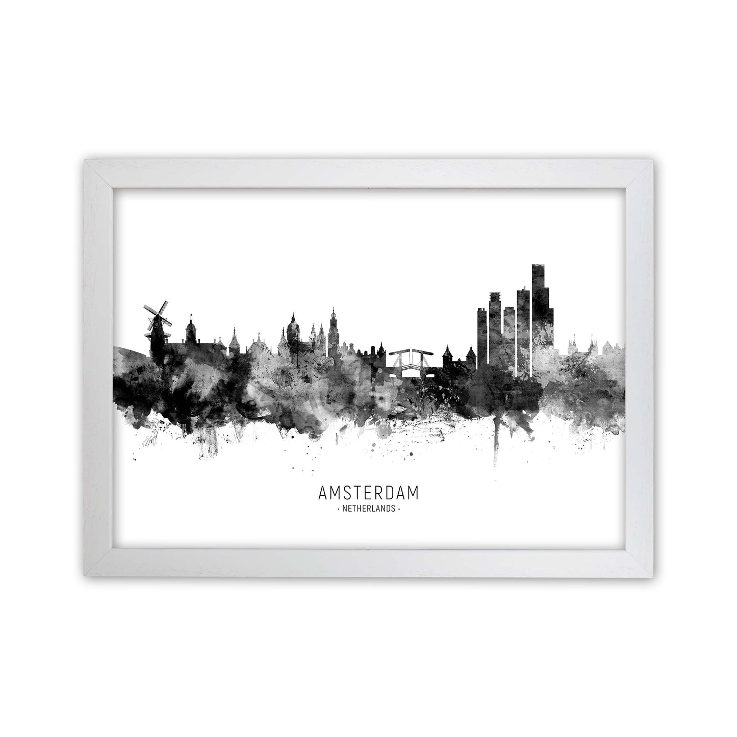 Amsterdam Netherlands Skyline Black White City Name by Michael Tompsett White Grain
