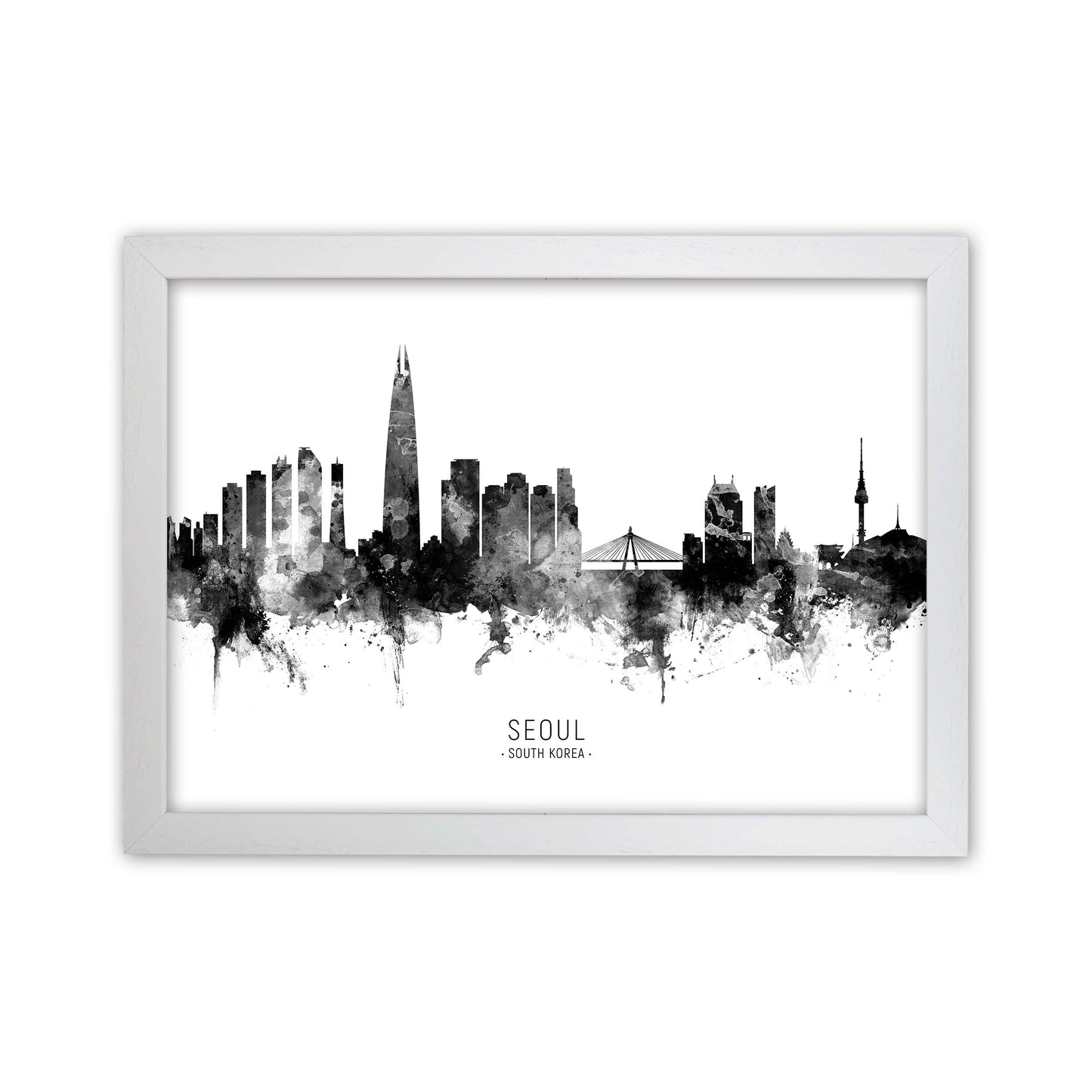 Seoul South Korea Skyline Black White City Name  by Michael Tompsett White Grain