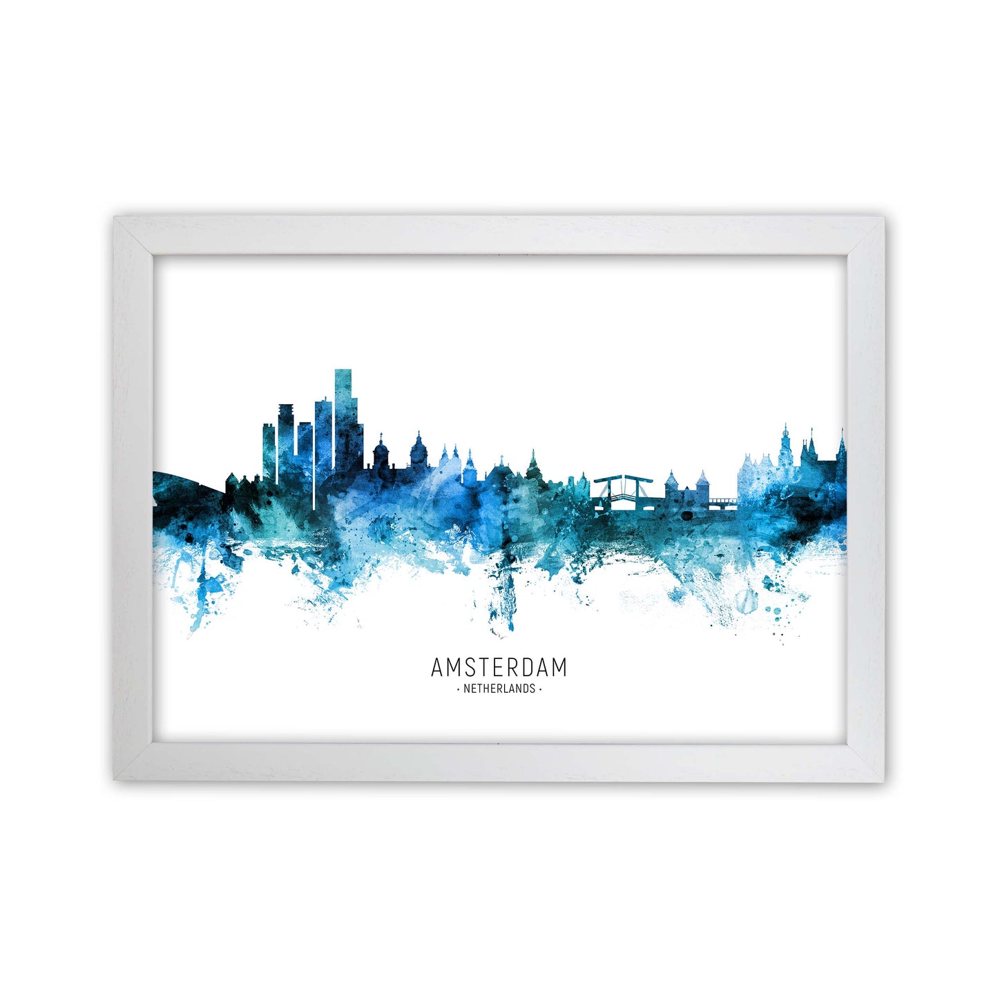 Amsterdam Netherlands Skyline Blue City Name  by Michael Tompsett White Grain