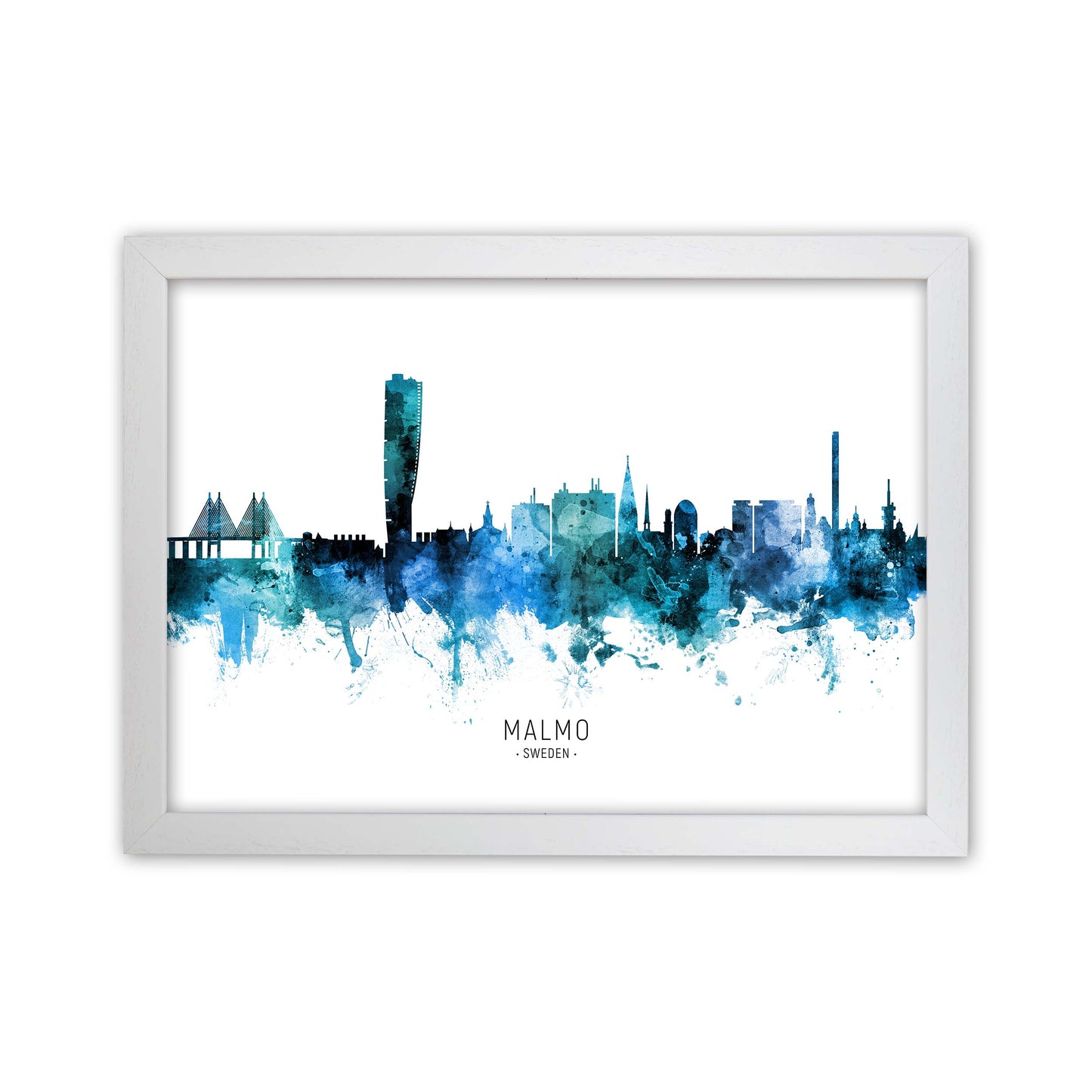 Malmo Sweden Skyline Blue City Name Print by Michael Tompsett White Grain