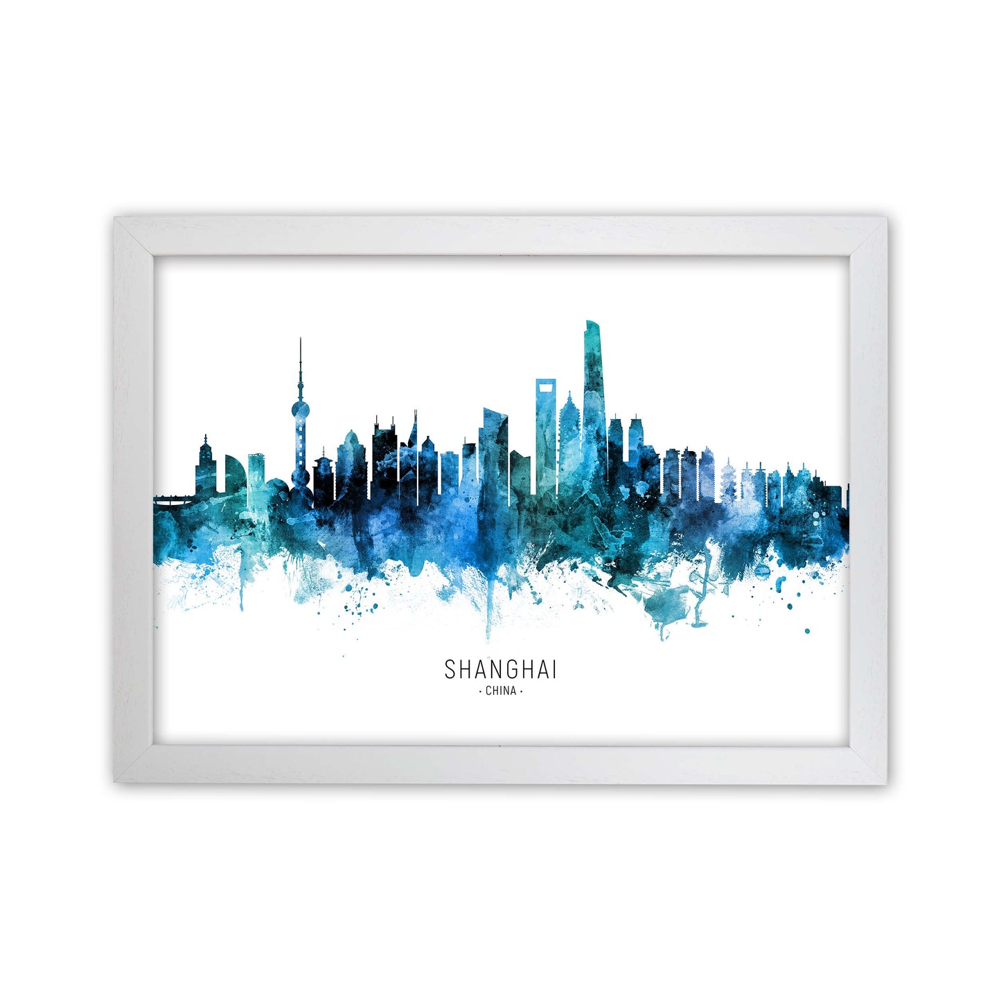 Shanghai China Skyline Blue City Name by Michael Tompsett White Grain