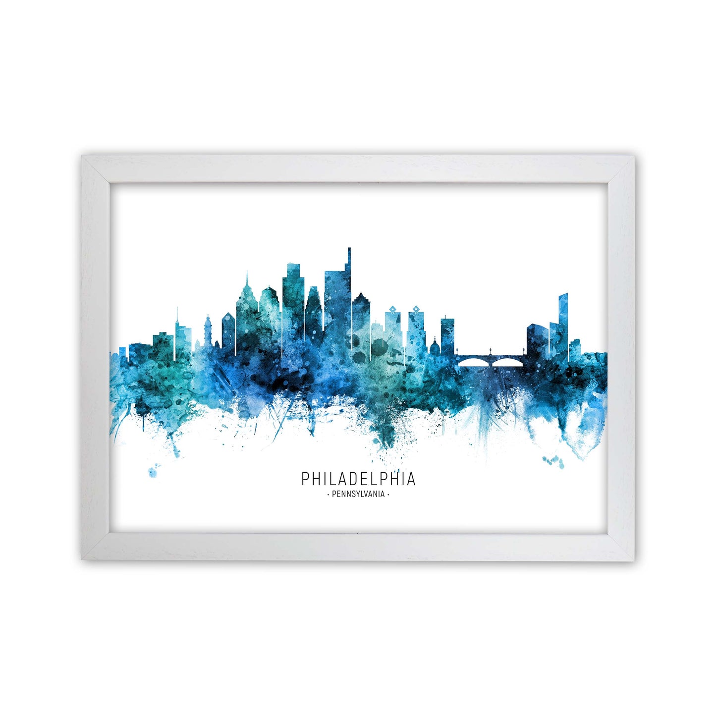 Philadelphia Pennsylvania Skyline Blue City Name by Michael Tompsett White Grain