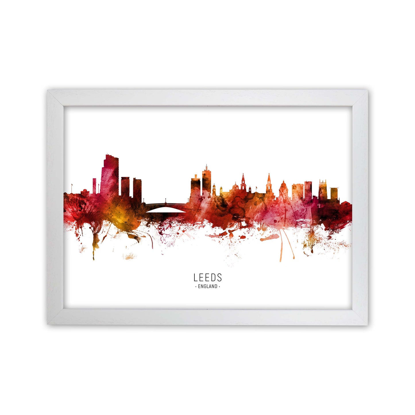Leeds England Skyline Red City Name Print by Michael Tompsett White Grain