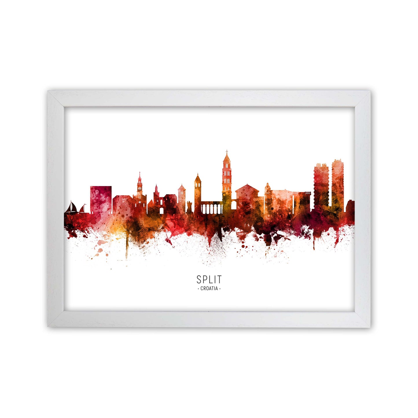 Split Croatia Skyline Red City Name Print by Michael Tompsett White Grain