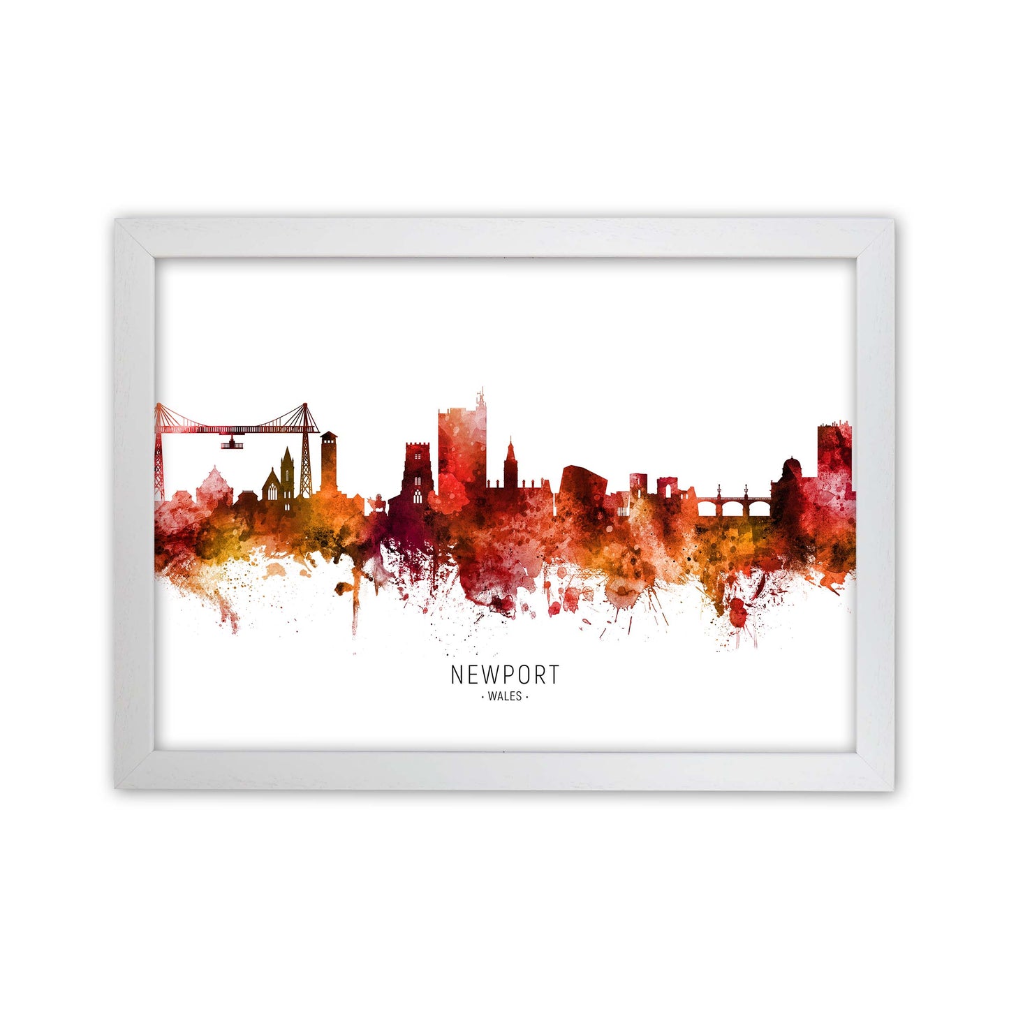 Newport Wales Skyline Red City Name Print by Michael Tompsett White Grain