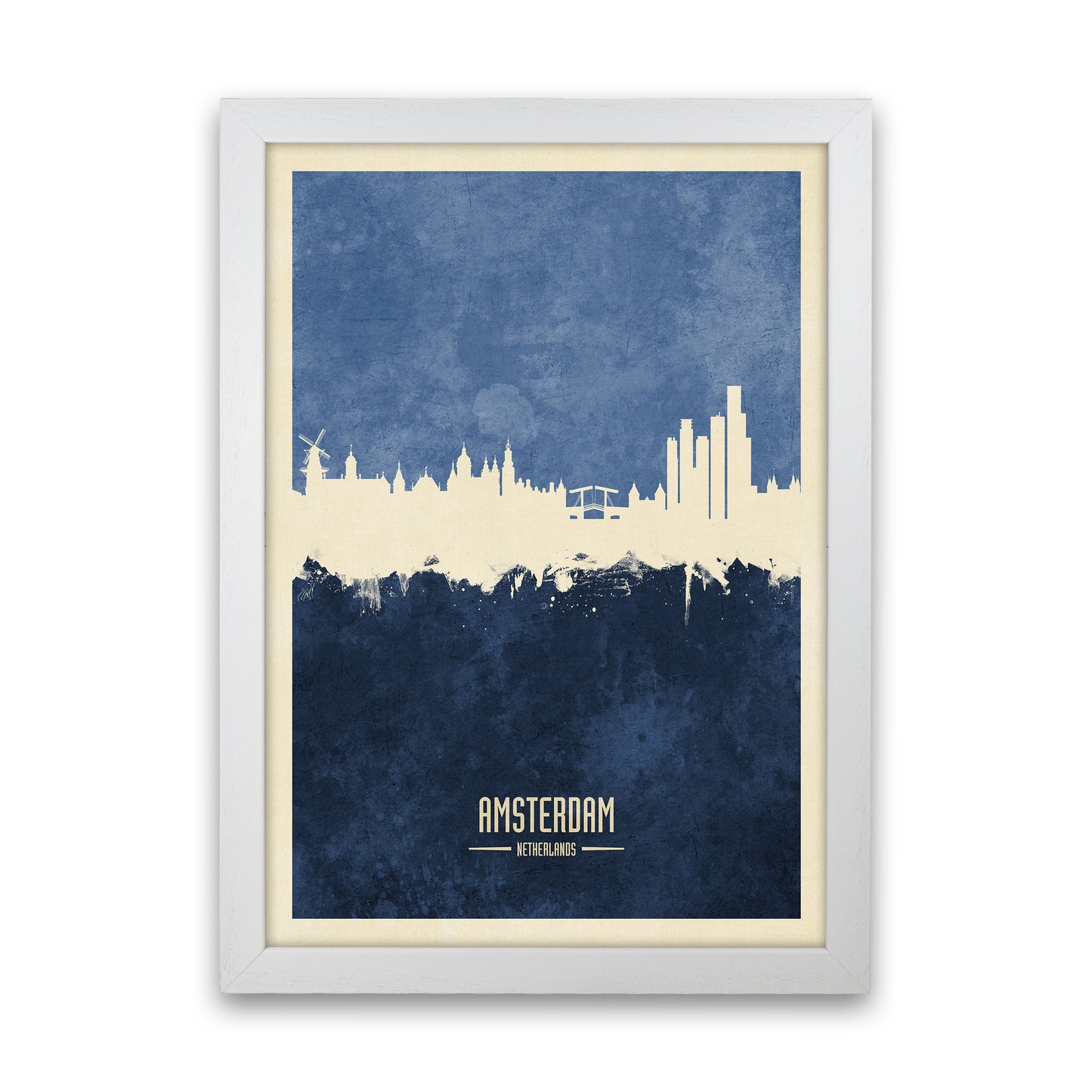 Amsterdam Netherlands Skyline Portrait Navy Art Print by Michael Tompsett White Grain