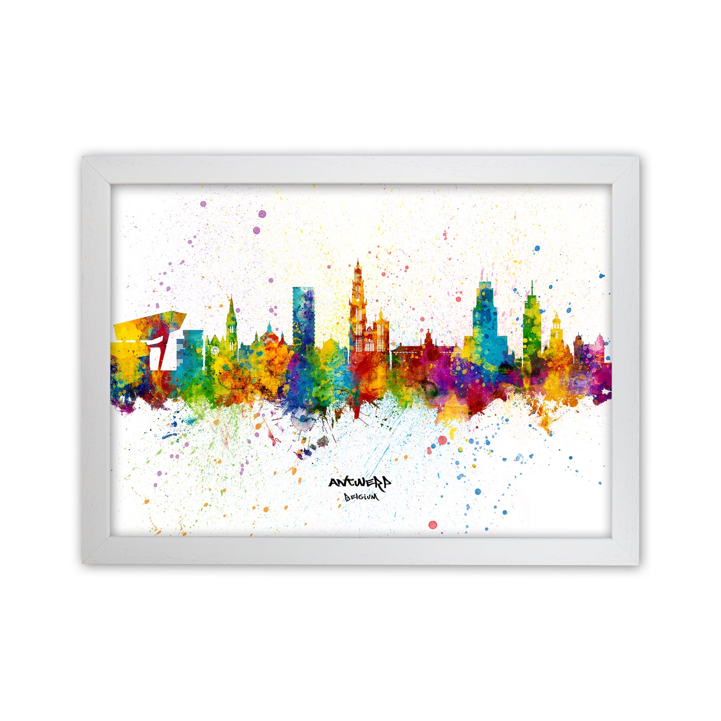 Antwerp Belgium Skyline Splash Art Print by Michael Tompsett White Grain