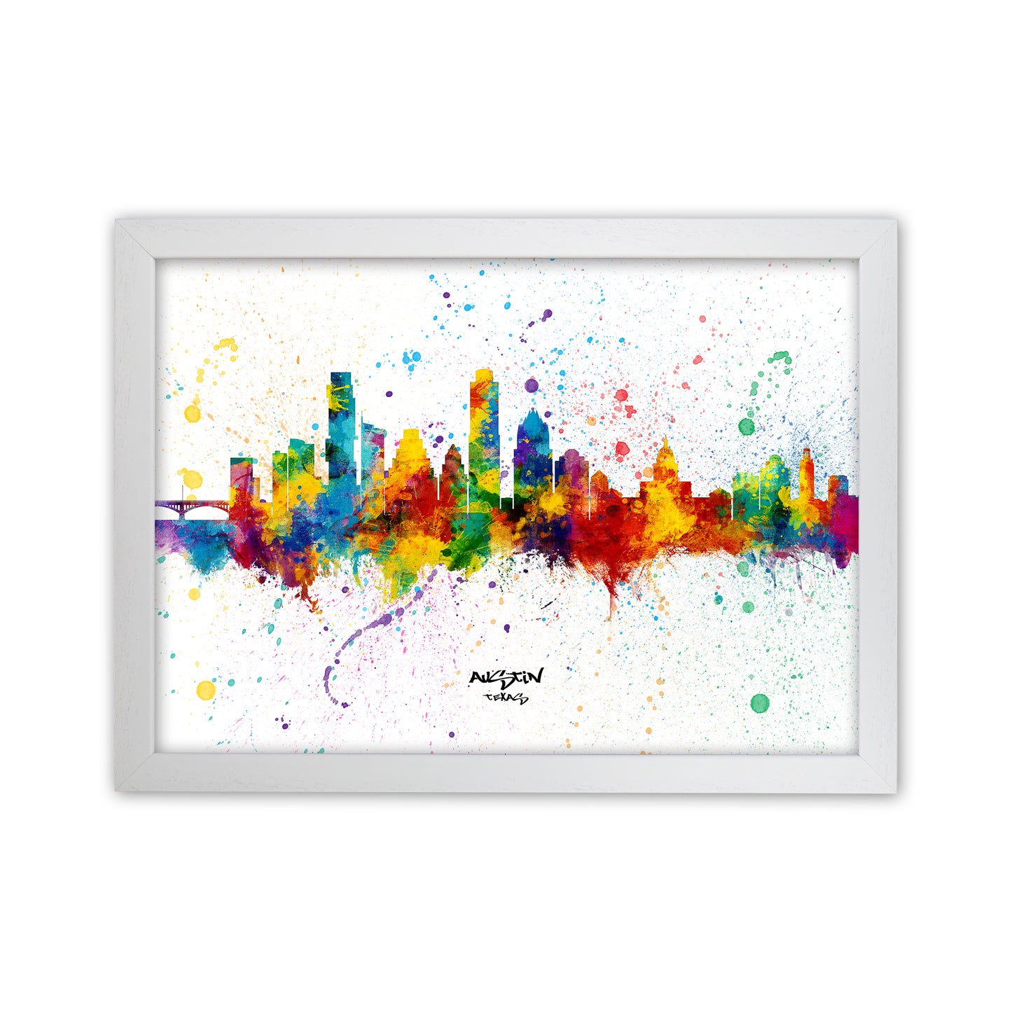 Austin Texas Skyline Splash Art Print by Michael Tompsett White Grain