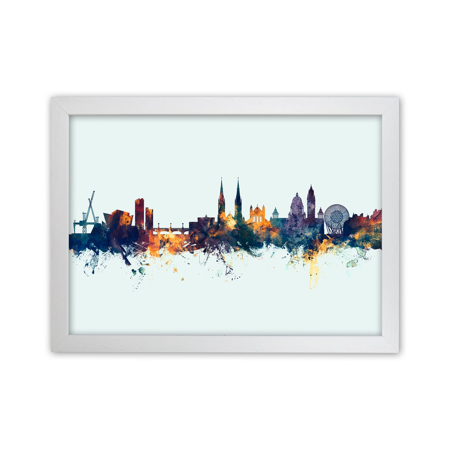 Belfast Northern Ireland Skyline Blue Orange Art Print by Michael Tompsett White Grain