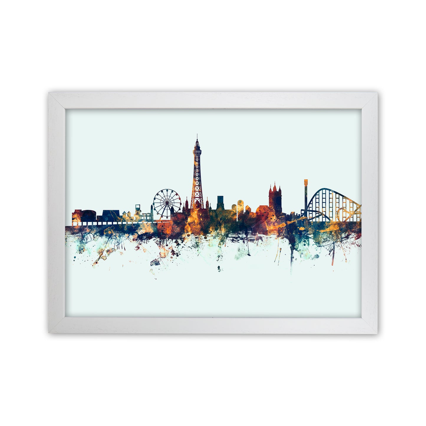 Blackpool England Skyline Blue Orange Art Print by Michael Tompsett White Grain