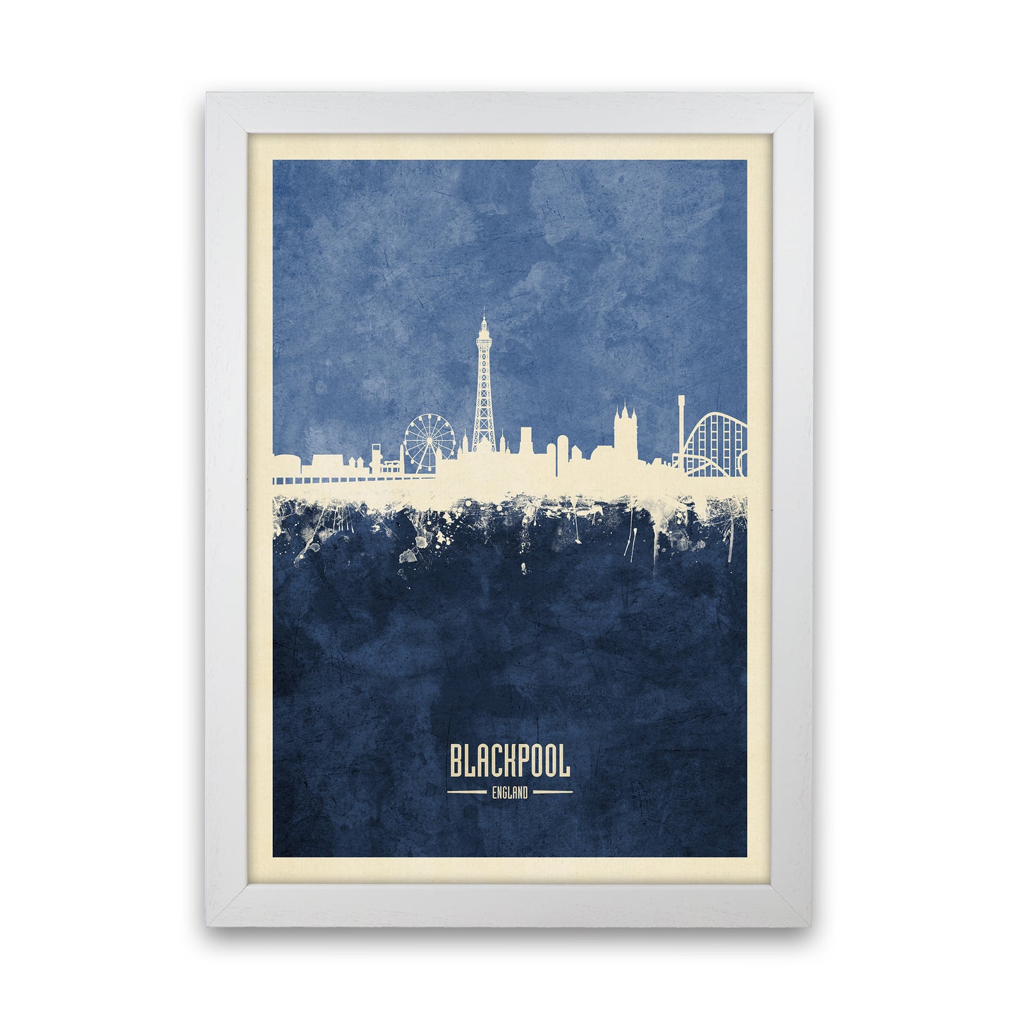 Blackpool England Skyline Portrait Navy Art Print by Michael Tompsett White Grain