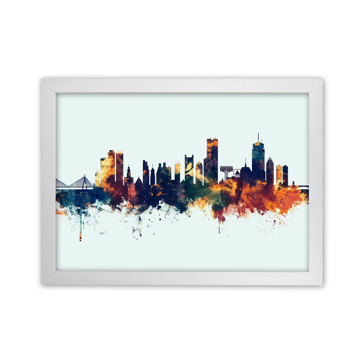 Boston Massachusetts Skyline Blue Orange Art Print by Michael Tompsett White Grain