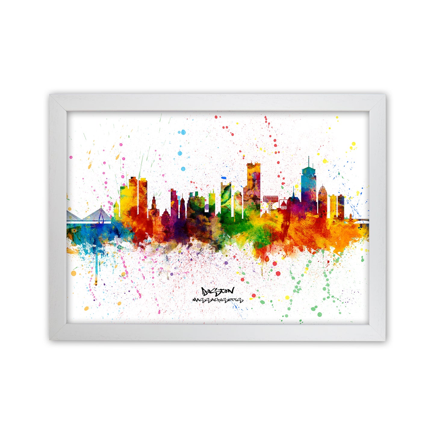 Boston Massachusetts Skyline Splash Art Print by Michael Tompsett White Grain