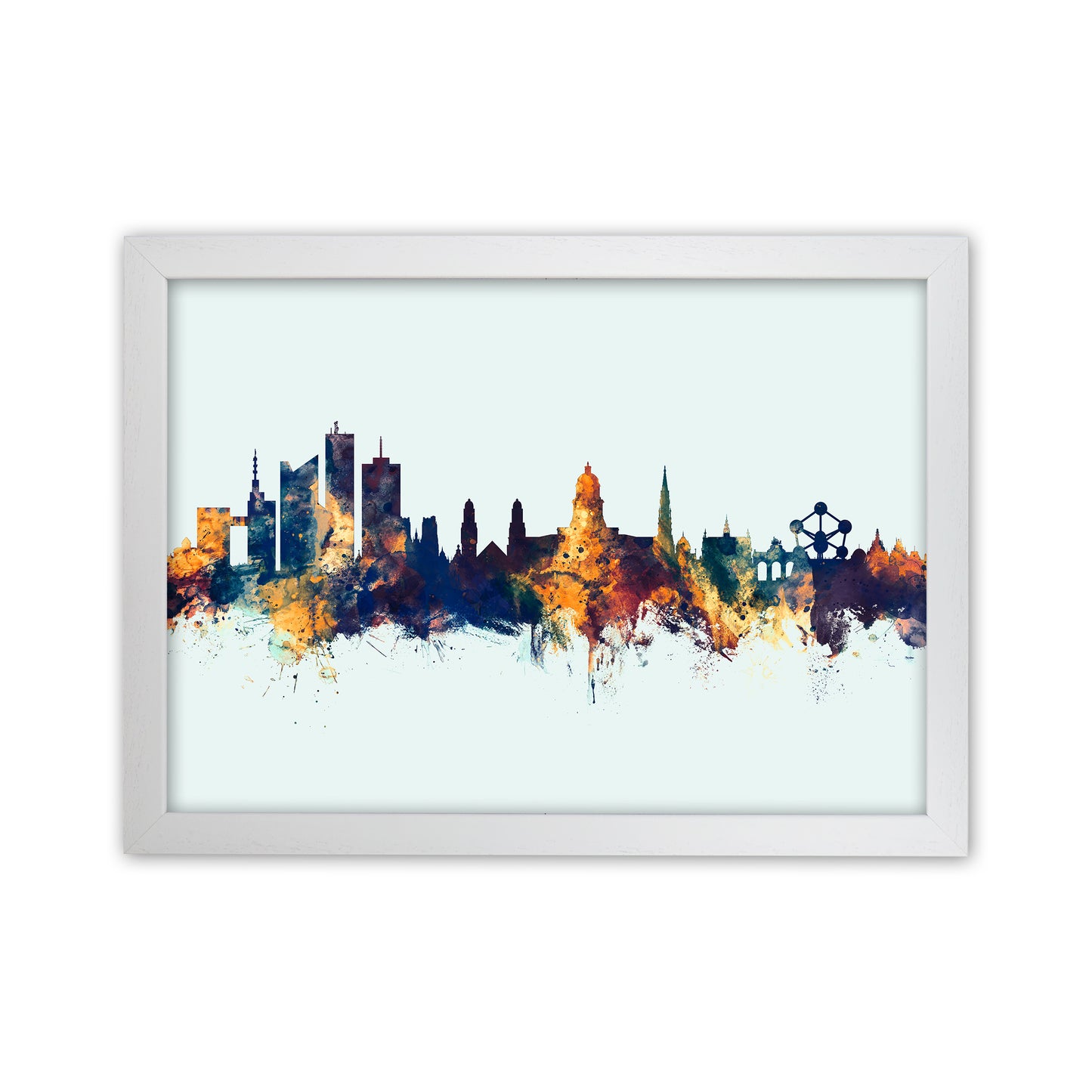 Brussels Belgium Skyline Blue Orange Art Print by Michael Tompsett White Grain