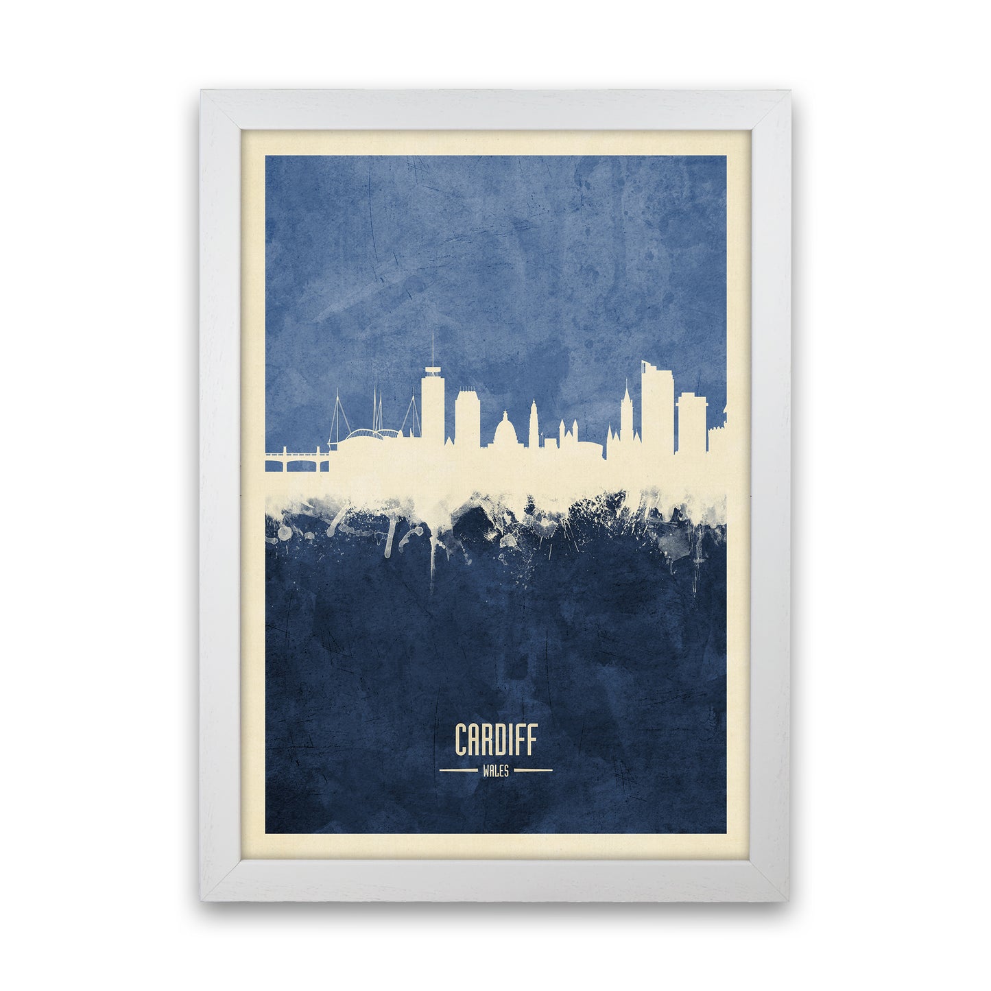 Cardiff Wales Skyline Portrait Navy Art Print by Michael Tompsett White Grain