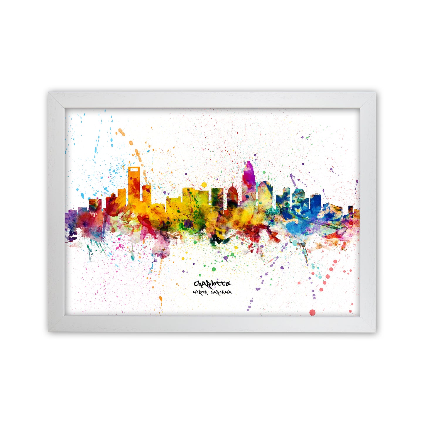 Charlotte North Carolina Skyline Splash Art Print by Michael Tompsett White Grain