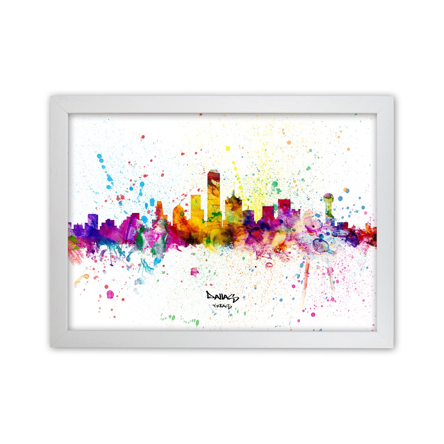 Dallas Texas Skyline Splash Art Print by Michael Tompsett White Grain