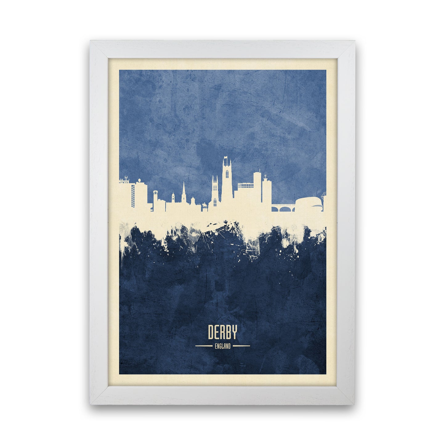 Derby England Skyline Portrait Navy Art Print by Michael Tompsett White Grain