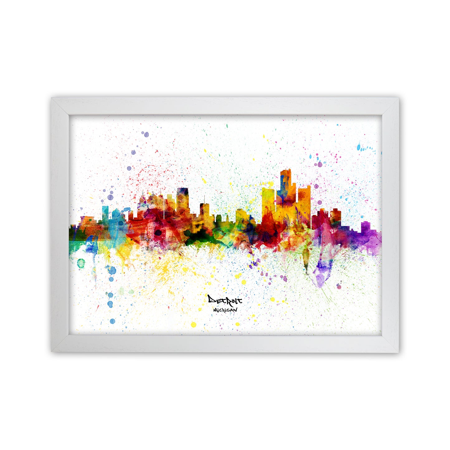 Detroit Michigan Skyline Splash Art Print by Michael Tompsett White Grain
