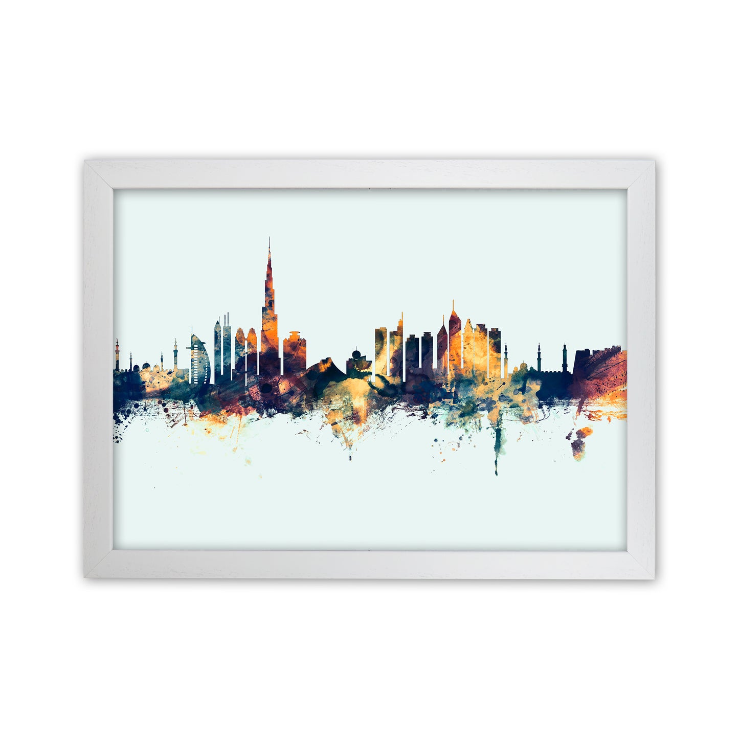 Dubai United Arab Emirates Skyline Blue Orange Art Print by Michael Tompsett White Grain