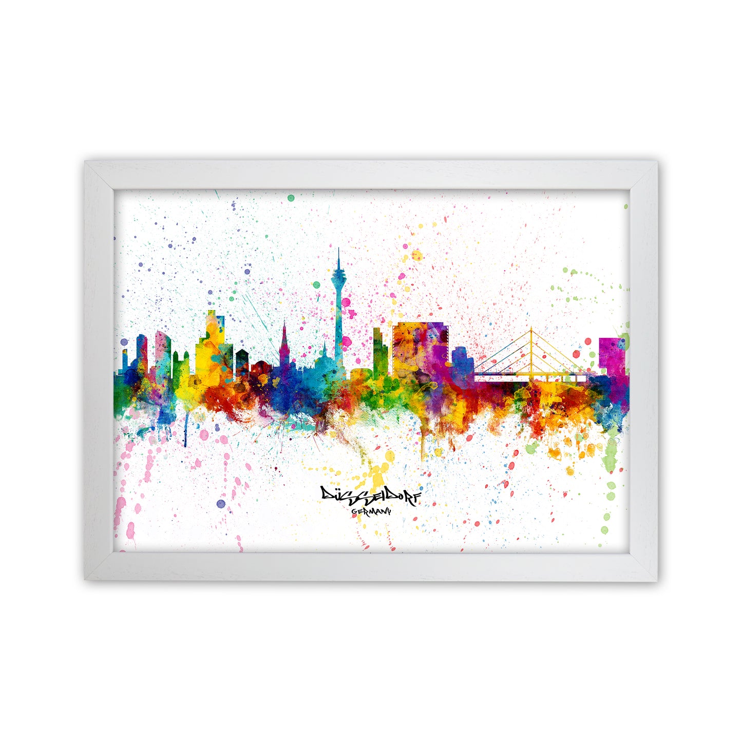 Dusseldorf Germany Skyline Splash Art Print by Michael Tompsett White Grain