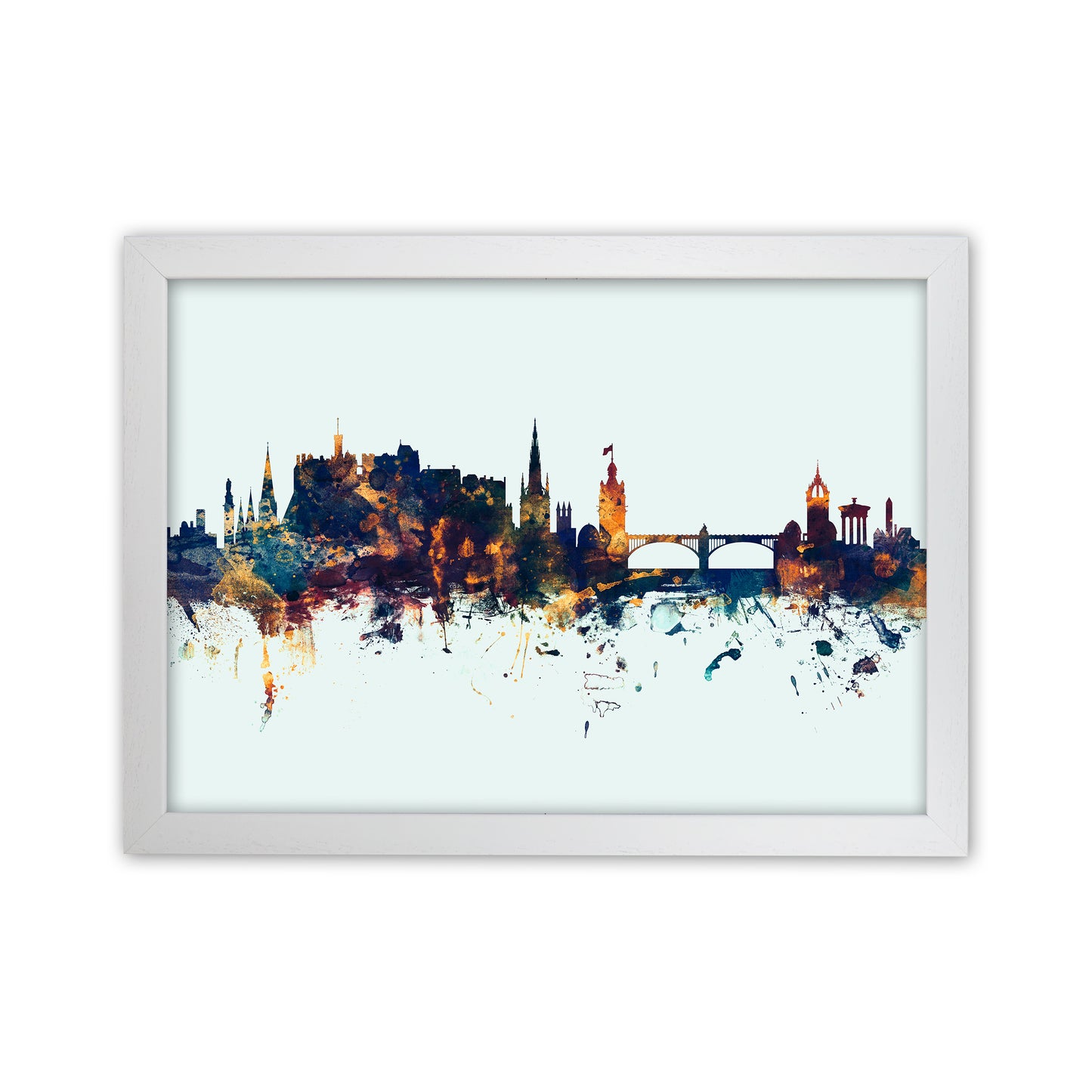 Edinburgh Scotland Skyline Blue Orange Art Print by Michael Tompsett White Grain