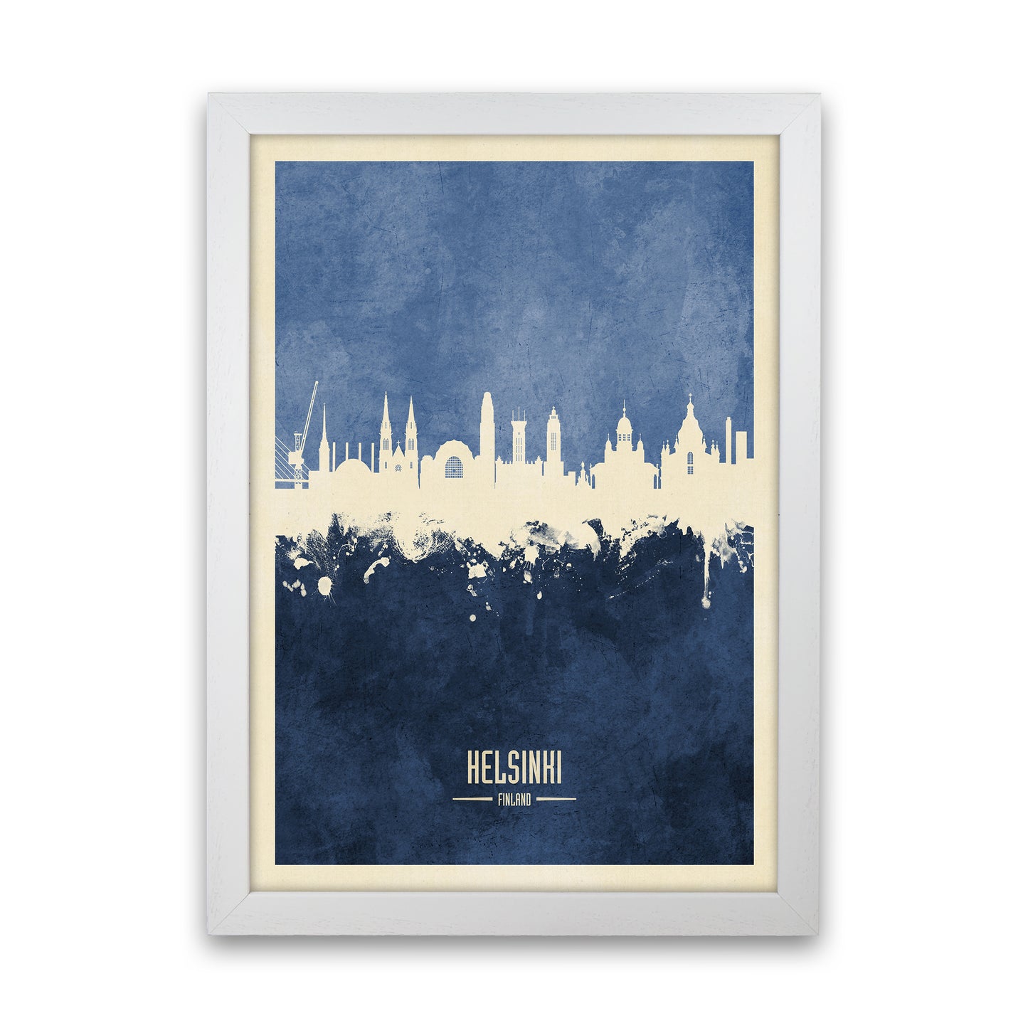 Helsinki Finland Skyline Portrait Navy Art Print by Michael Tompsett White Grain