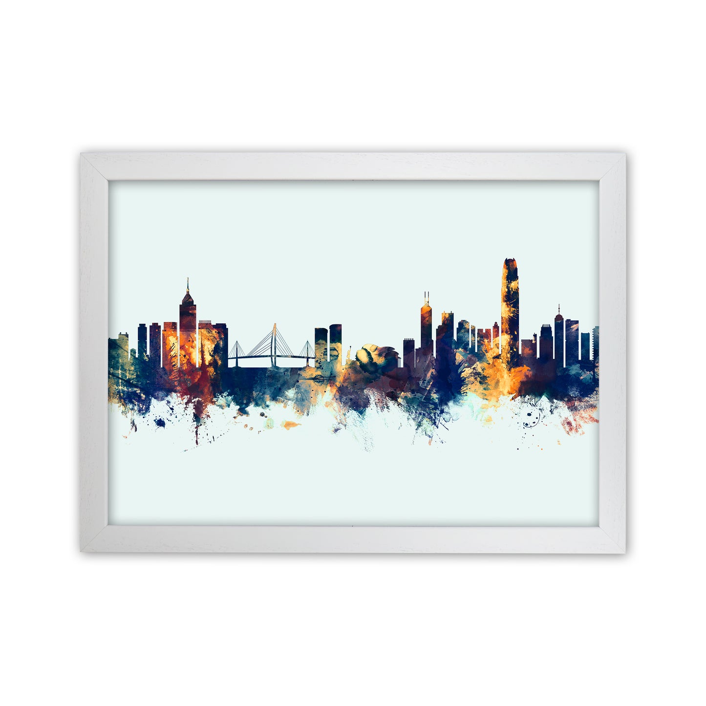 Hong Kong China Skyline Blue Orange Art Print by Michael Tompsett White Grain