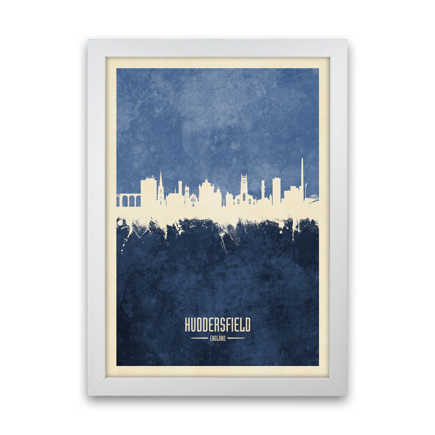Huddersfield England Skyline Portrait Navy Art Print by Michael Tompsett White Grain