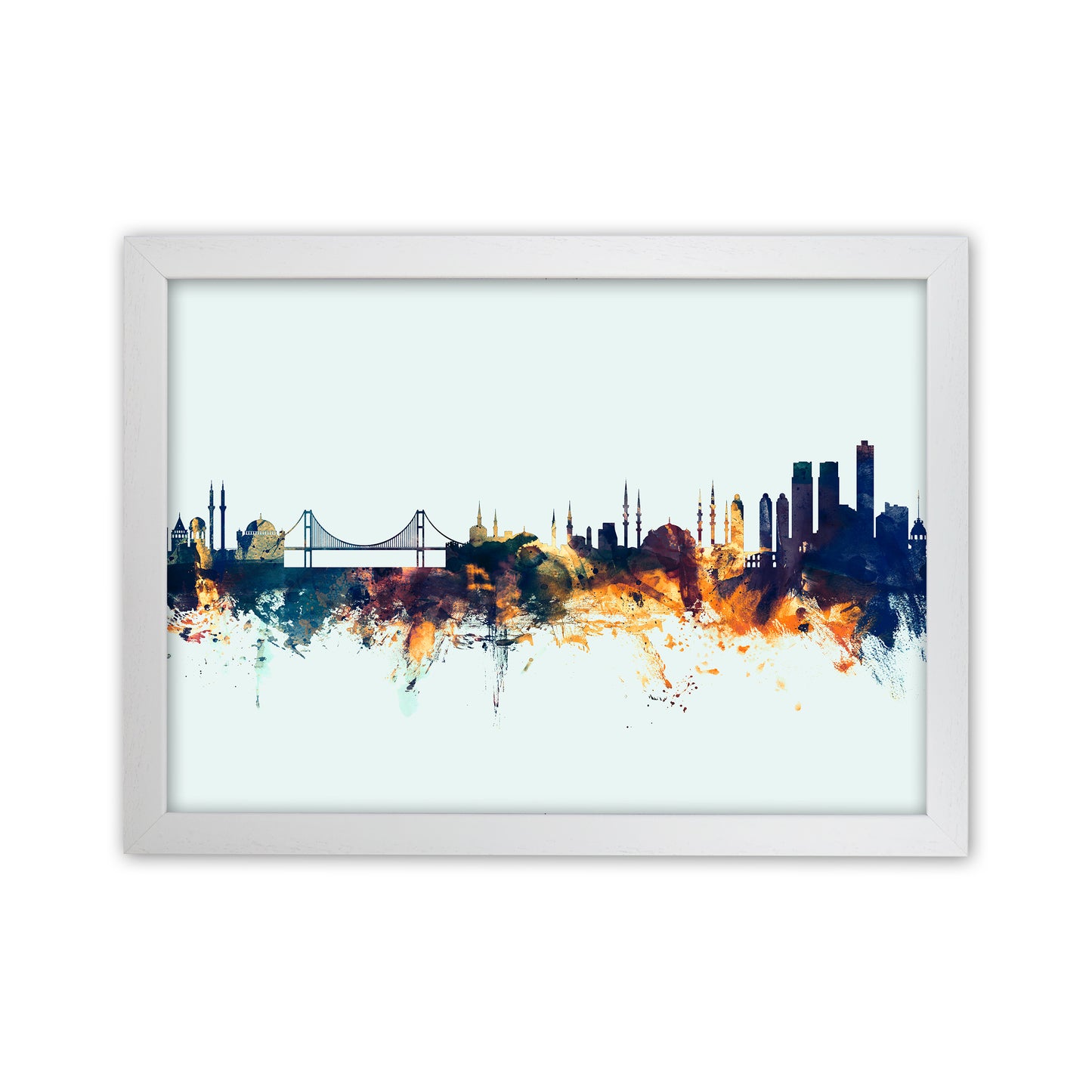 Istanbul Turkey Skyline Blue Orange Art Print by Michael Tompsett White Grain