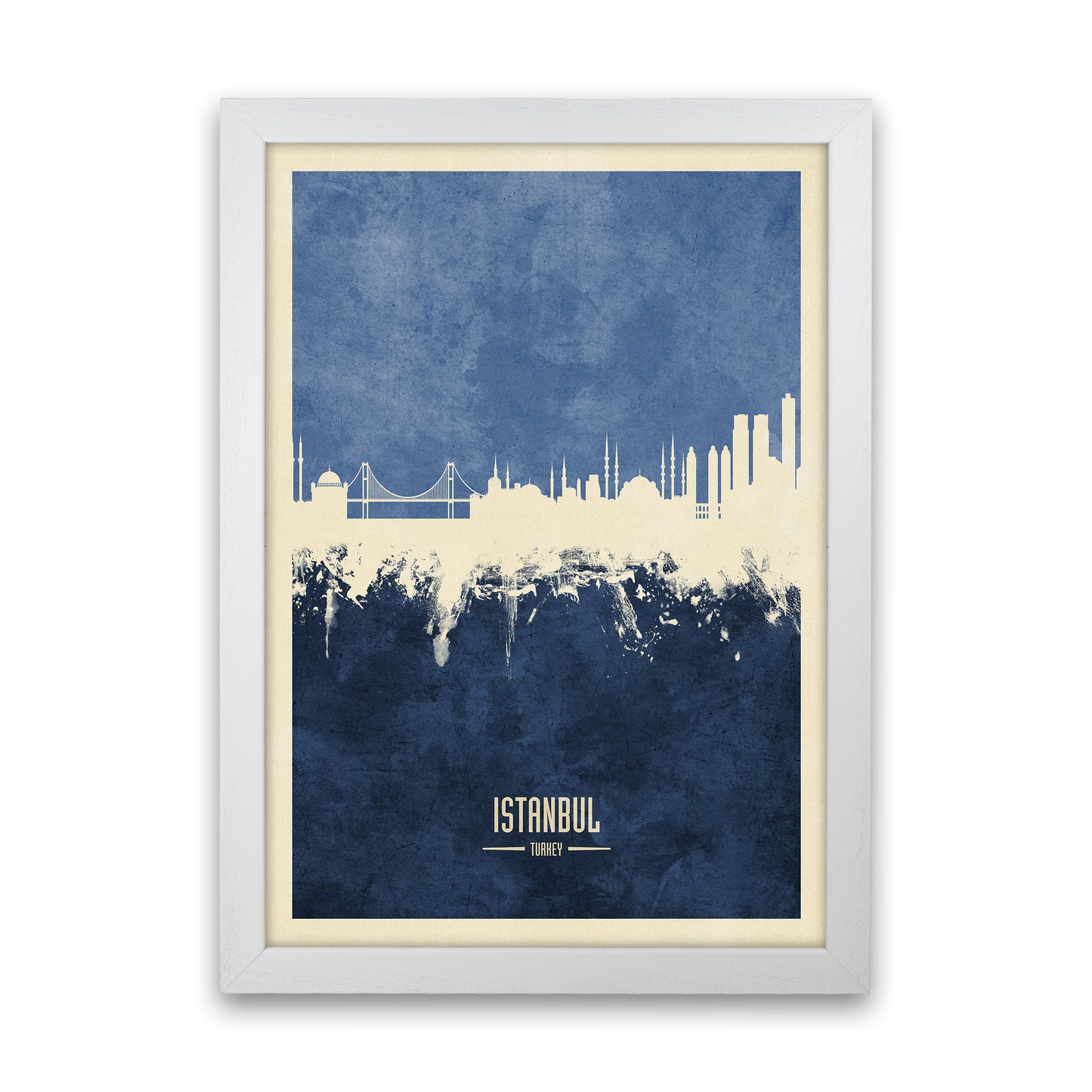 Istanbul Turkey Skyline Portrait Navy Art Print by Michael Tompsett White Grain