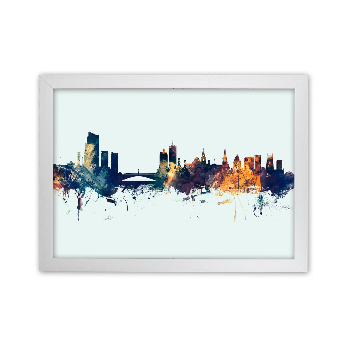 Leeds England Skyline Blue Orange Art Print by Michael Tompsett White Grain