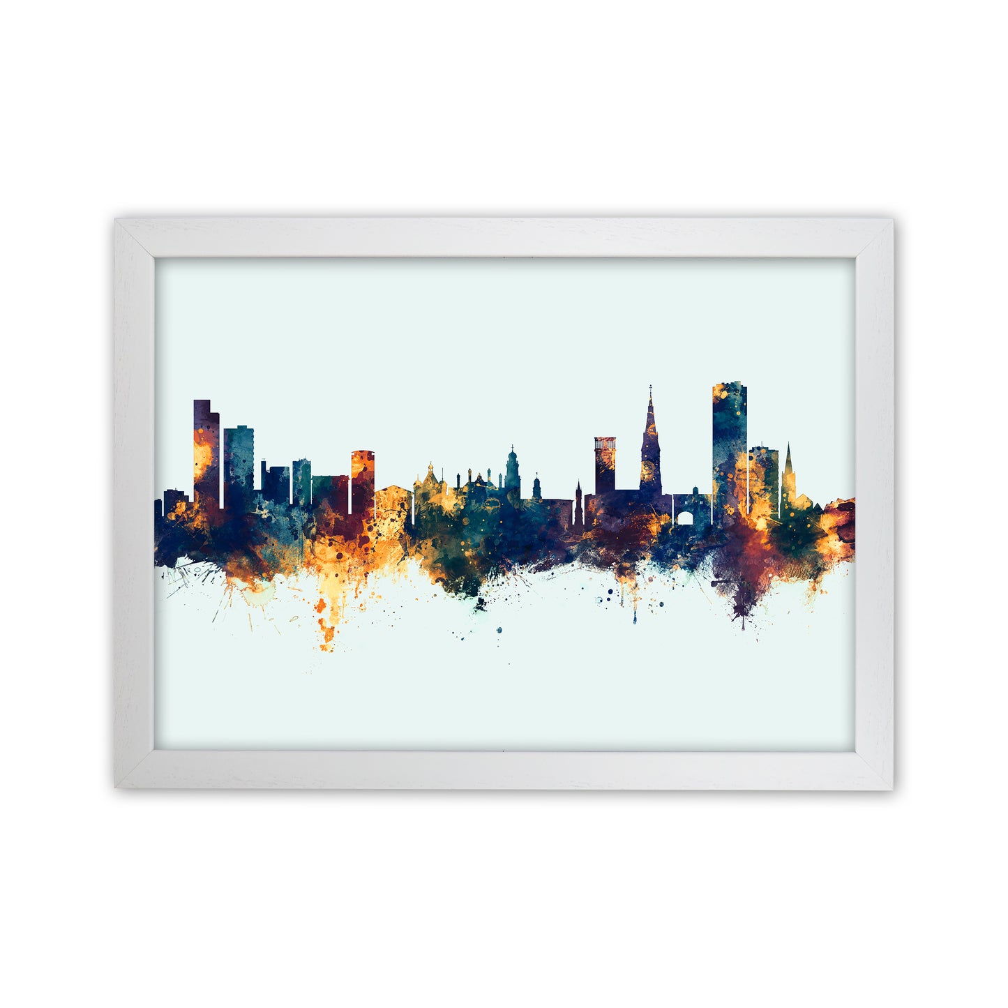 Leicester England Skyline Blue Orange Art Print by Michael Tompsett White Grain