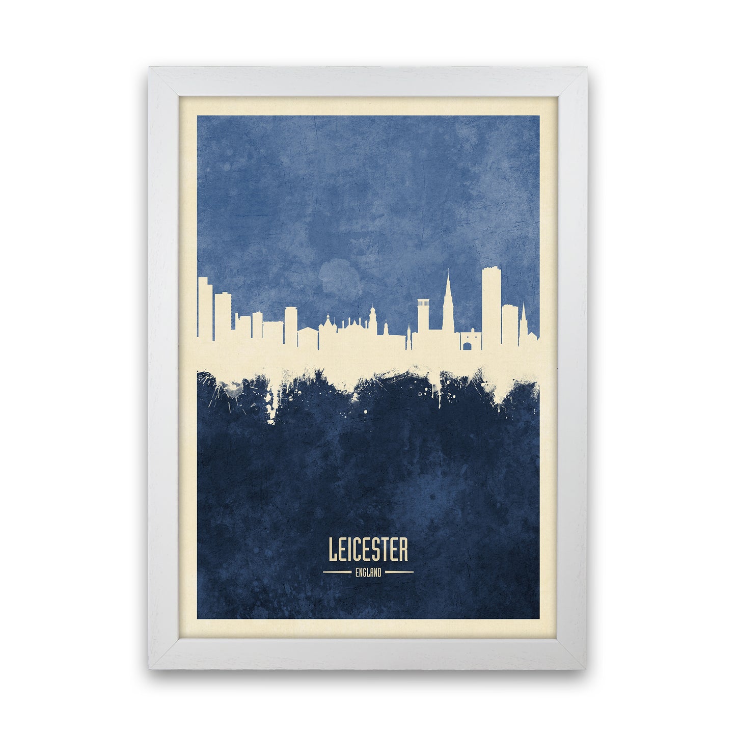 Leicester England Skyline Portrait Navy Art Print by Michael Tompsett White Grain